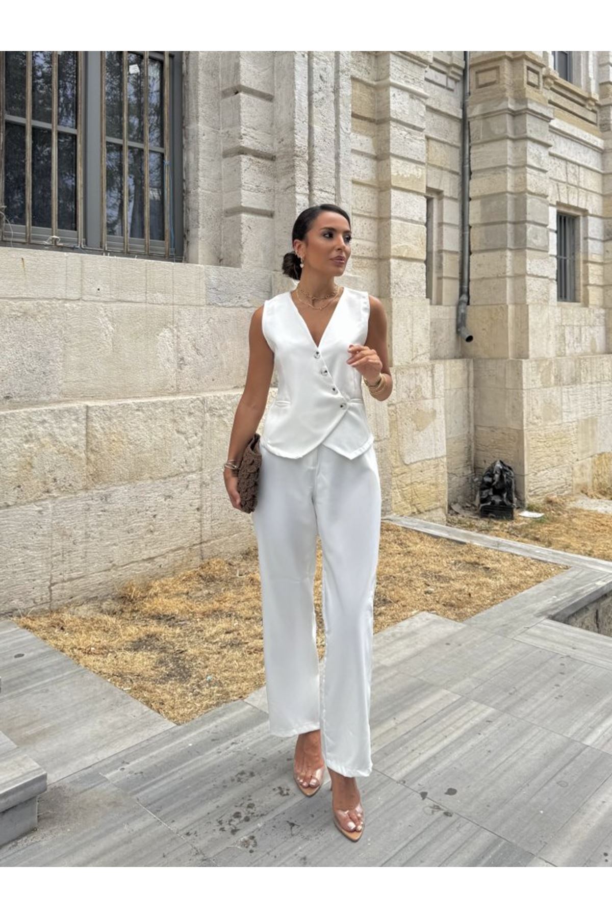 Kadın Sıfır Kollu çapraz V Yakalı önden Düğmeli Atlas Yelek Ve Pantolon Ikili Takım
