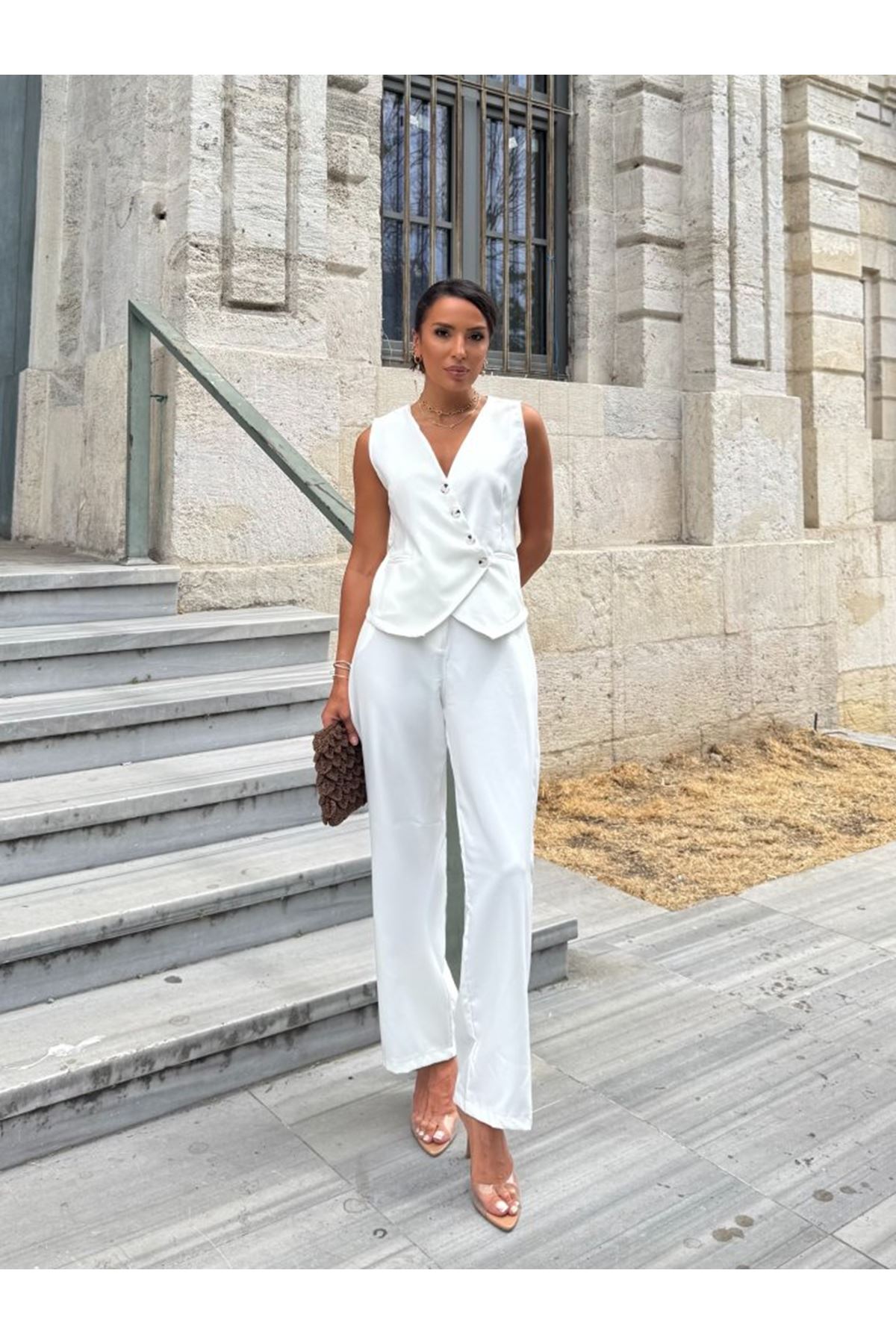 Kadın Sıfır Kollu çapraz V Yakalı önden Düğmeli Atlas Yelek Ve Pantolon Ikili Takım