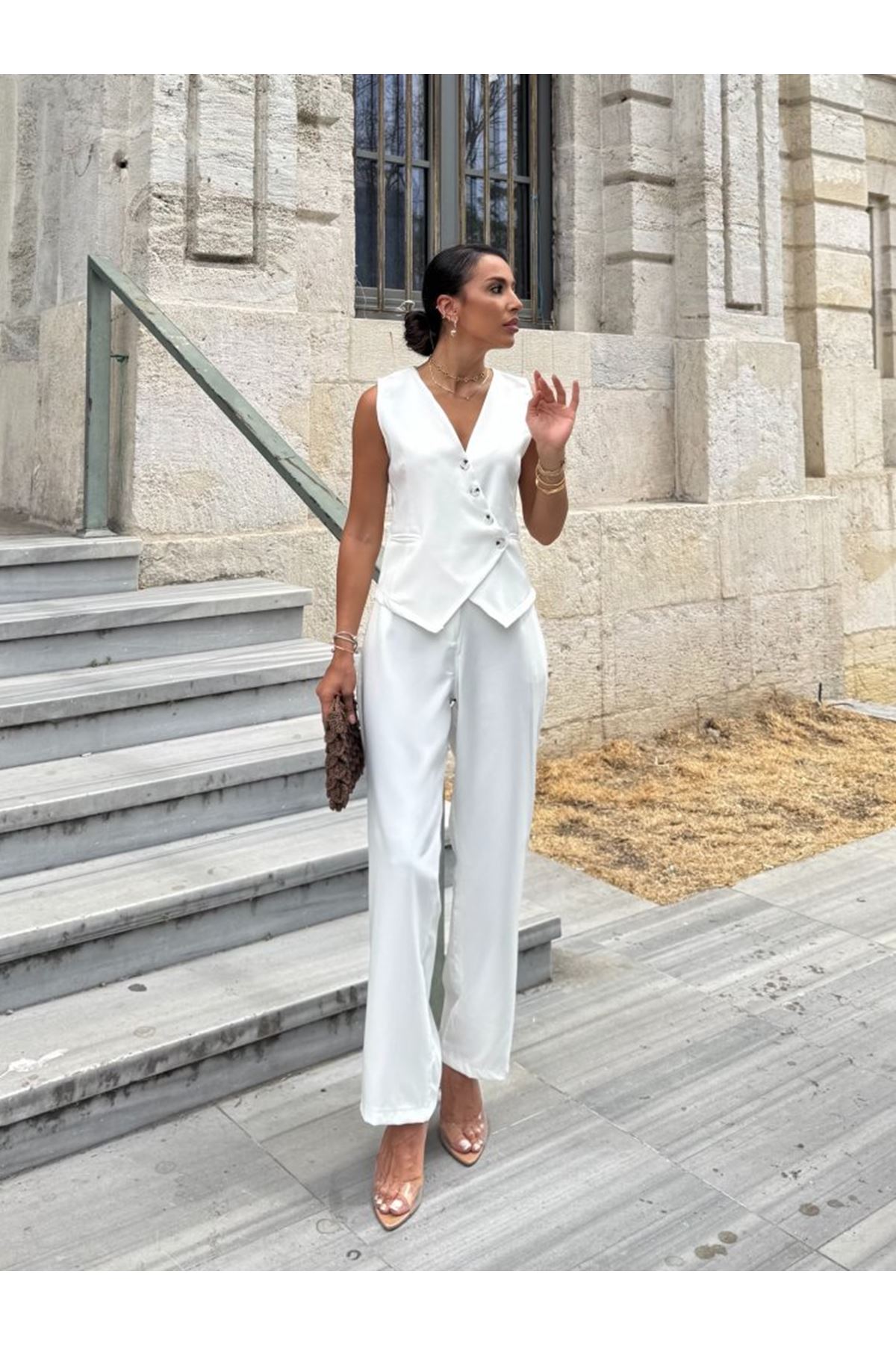 Kadın Sıfır Kollu çapraz V Yakalı önden Düğmeli Atlas Yelek Ve Pantolon Ikili Takım