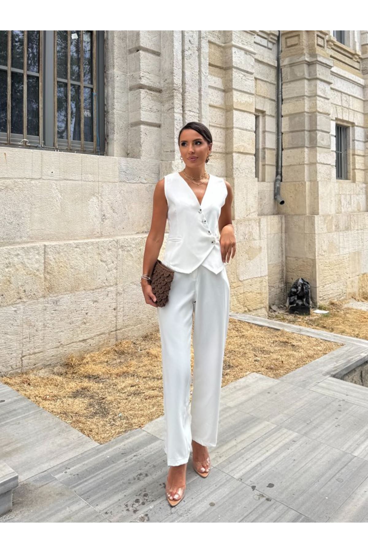 Kadın Sıfır Kollu çapraz V Yakalı önden Düğmeli Atlas Yelek Ve Pantolon Ikili Takım