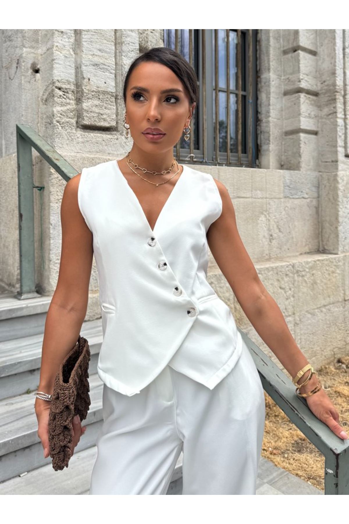 Kadın Sıfır Kollu çapraz V Yakalı önden Düğmeli Atlas Yelek Ve Pantolon Ikili Takım