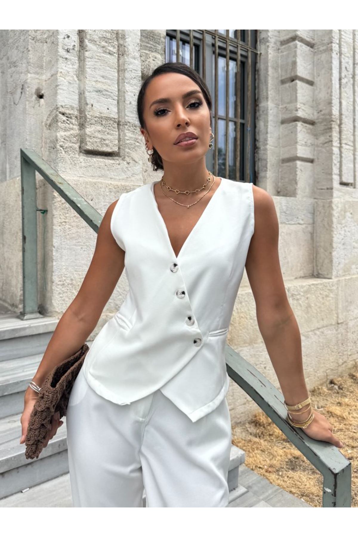 Kadın Sıfır Kollu çapraz V Yakalı önden Düğmeli Atlas Yelek Ve Pantolon Ikili Takım