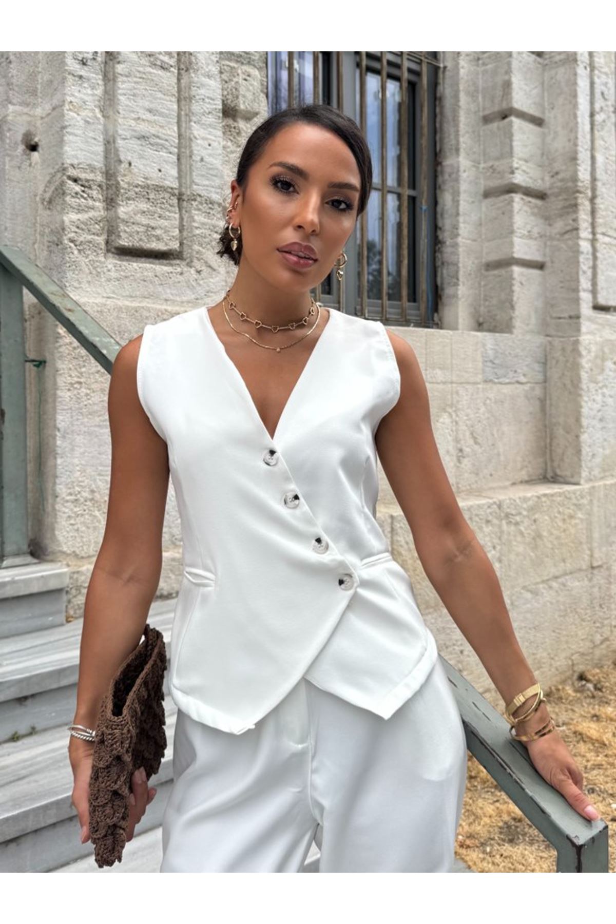 Kadın Sıfır Kollu çapraz V Yakalı önden Düğmeli Atlas Yelek Ve Pantolon Ikili Takım
