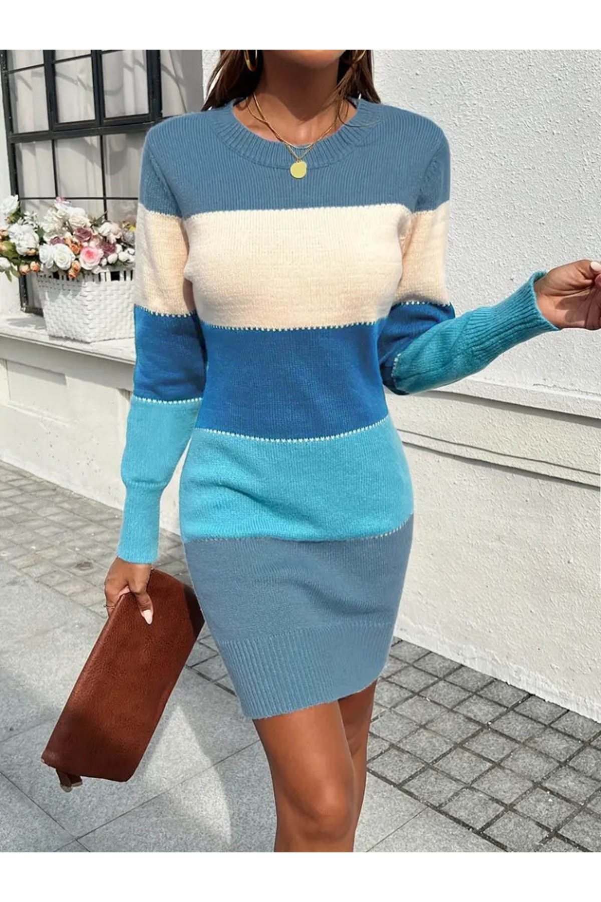 Kadın Uzun Kollu Bisiklet Yaka çizgili Kısa Triko Elbise