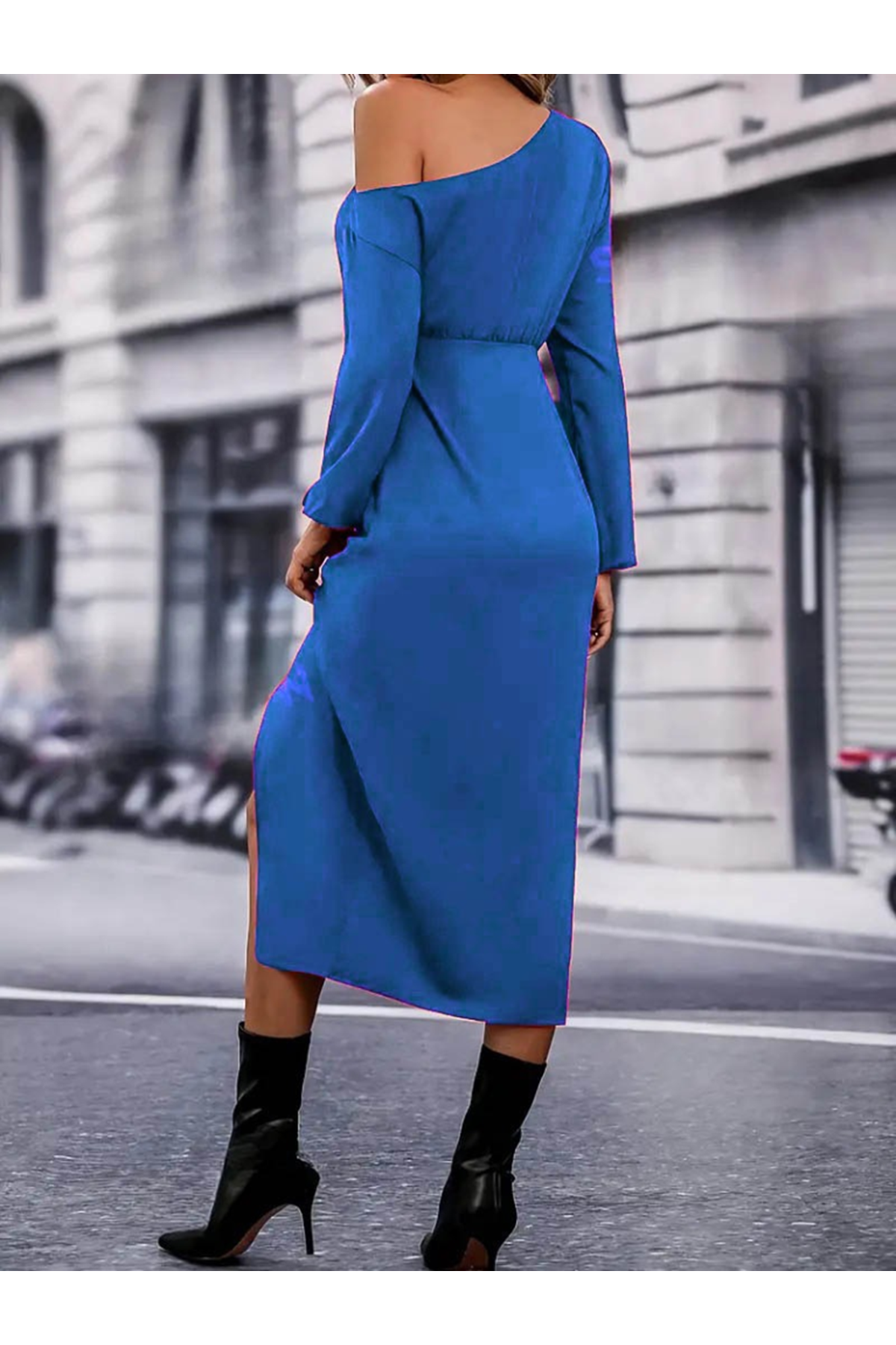 Kadın Uzun Kollu Tek Omuzu Açık Belden Kuşaklı önden çapraz Detaylı Krep Elbise