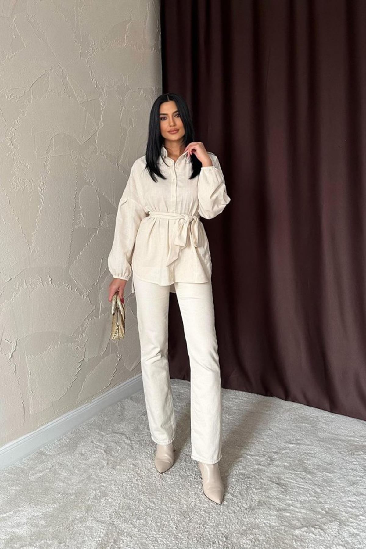 Bej Petek Jakar Kumaşlı Gömlek