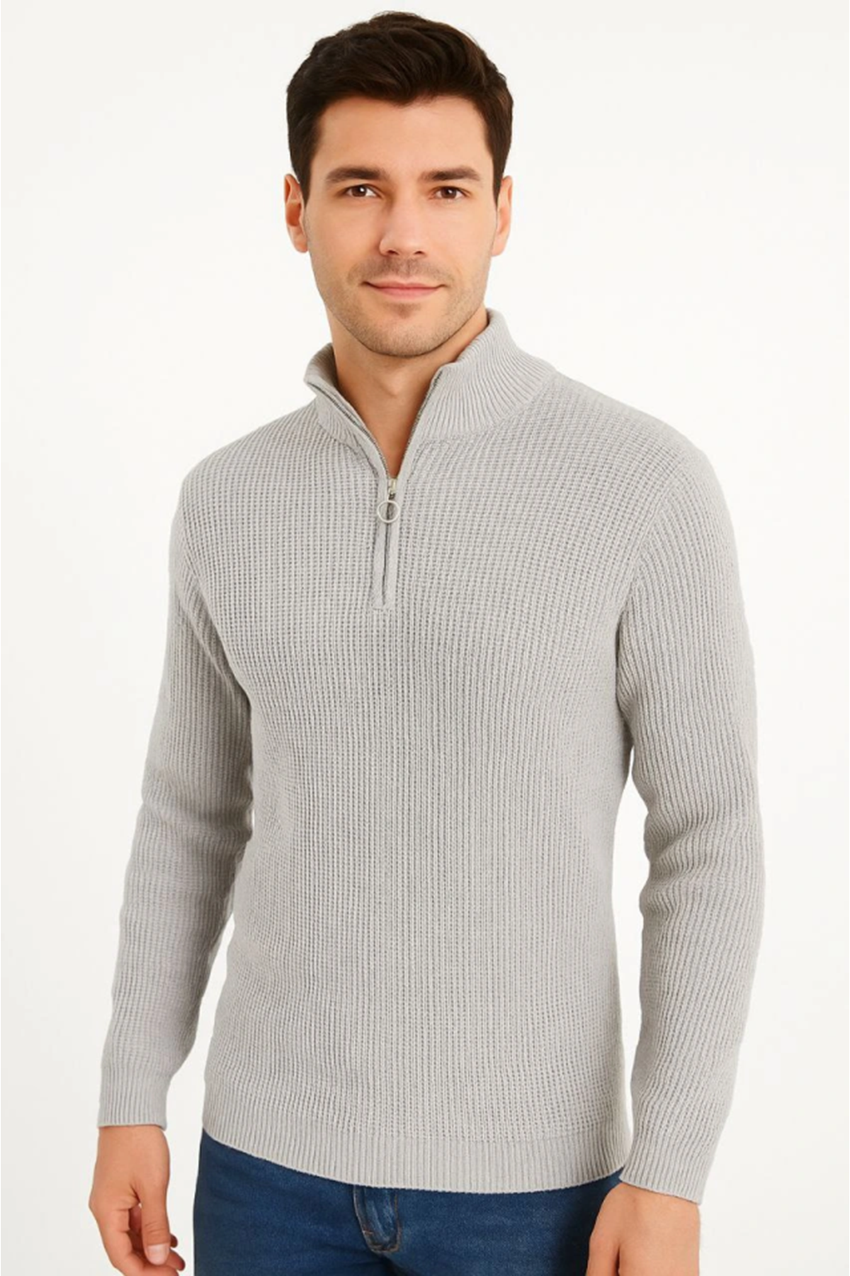 Erkek Yarım Fermuarlı Triko Kazak – Selanik Örgü, Dik Yaka, Pamuklu Dokuma, Regular Fit Uzun Kollu Kışlık Model - Gri