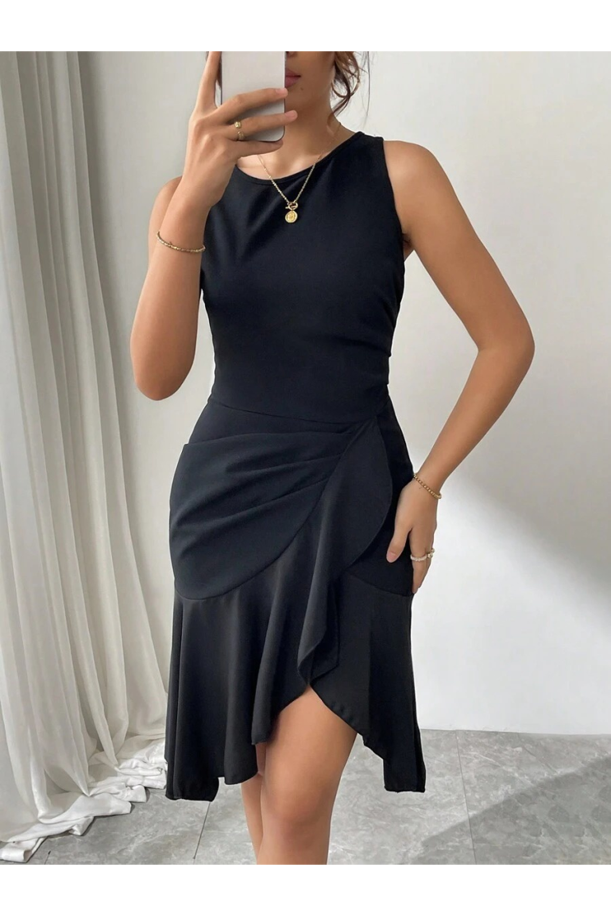 Kadın Askılı Bisiklet Yaka önden Fırfırlı Kısa Ithal Krep Elbise