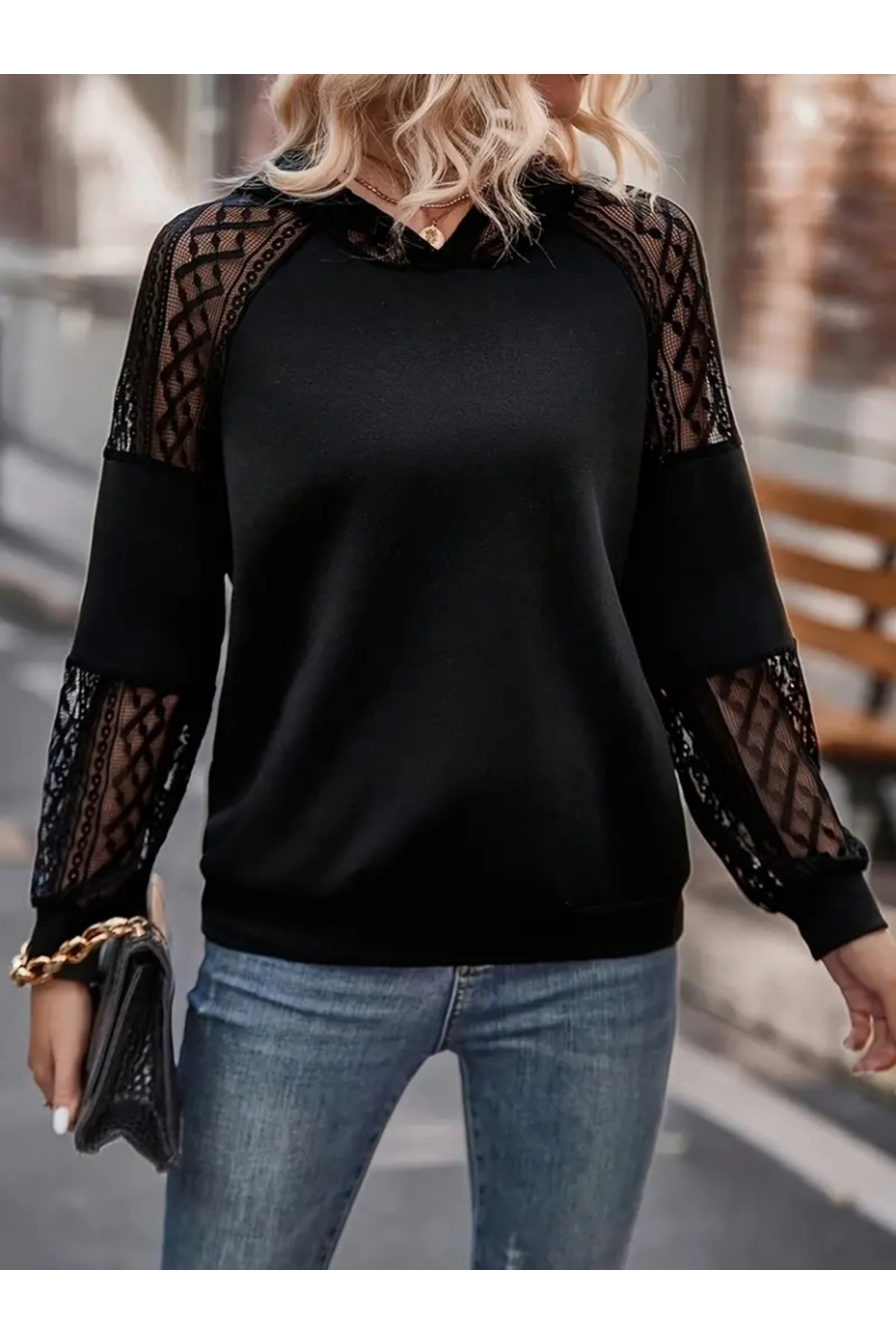 Kadın Uzun Kollu Dantelli Kapşonlu Viskon Iki Iplik Bluz
