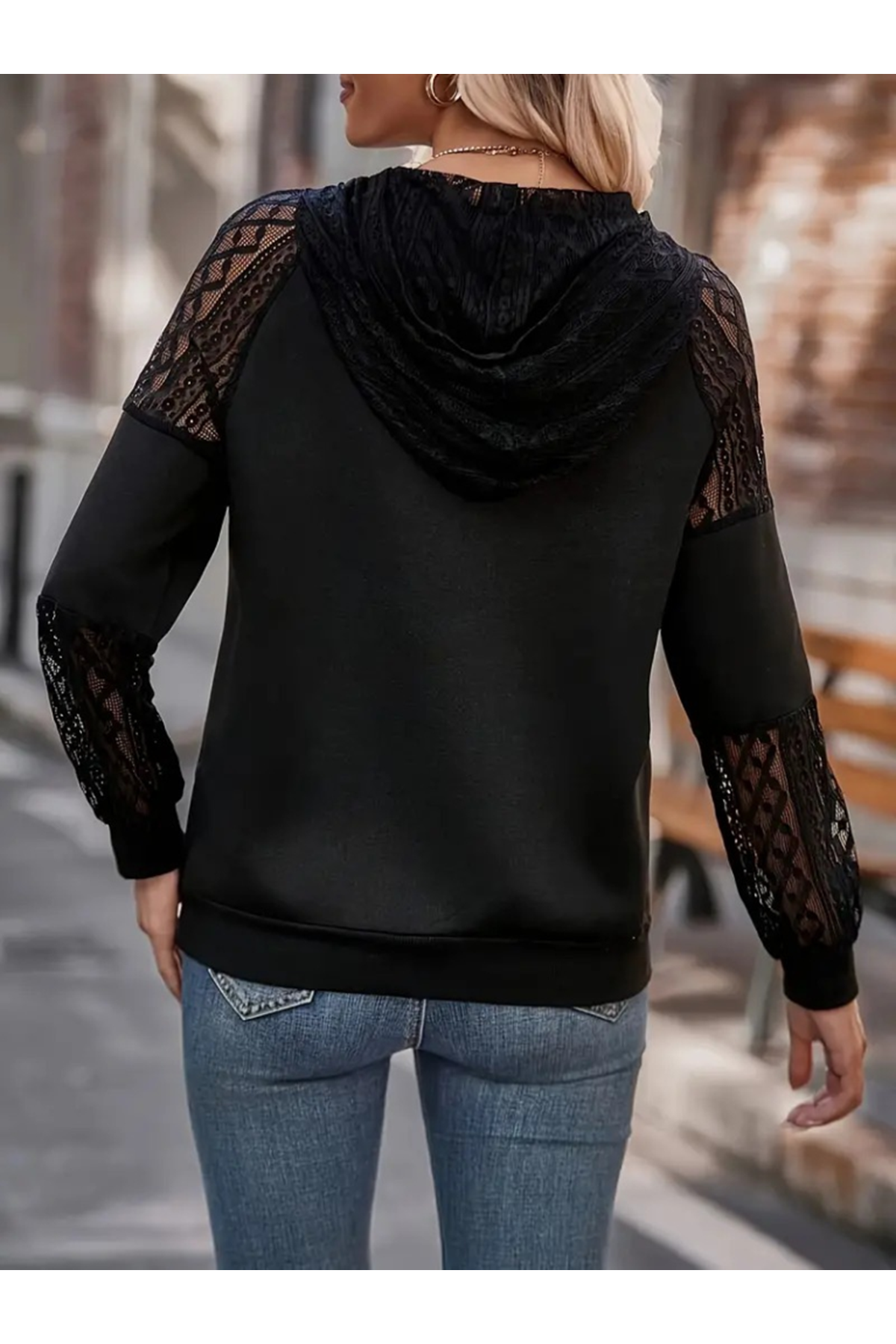 Kadın Uzun Kollu Dantelli Kapşonlu Viskon Iki Iplik Bluz