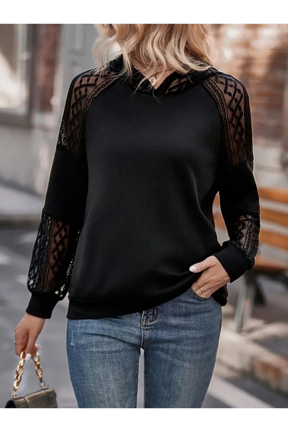 Kadın Uzun Kollu Dantelli Kapşonlu Viskon Iki Iplik Bluz
