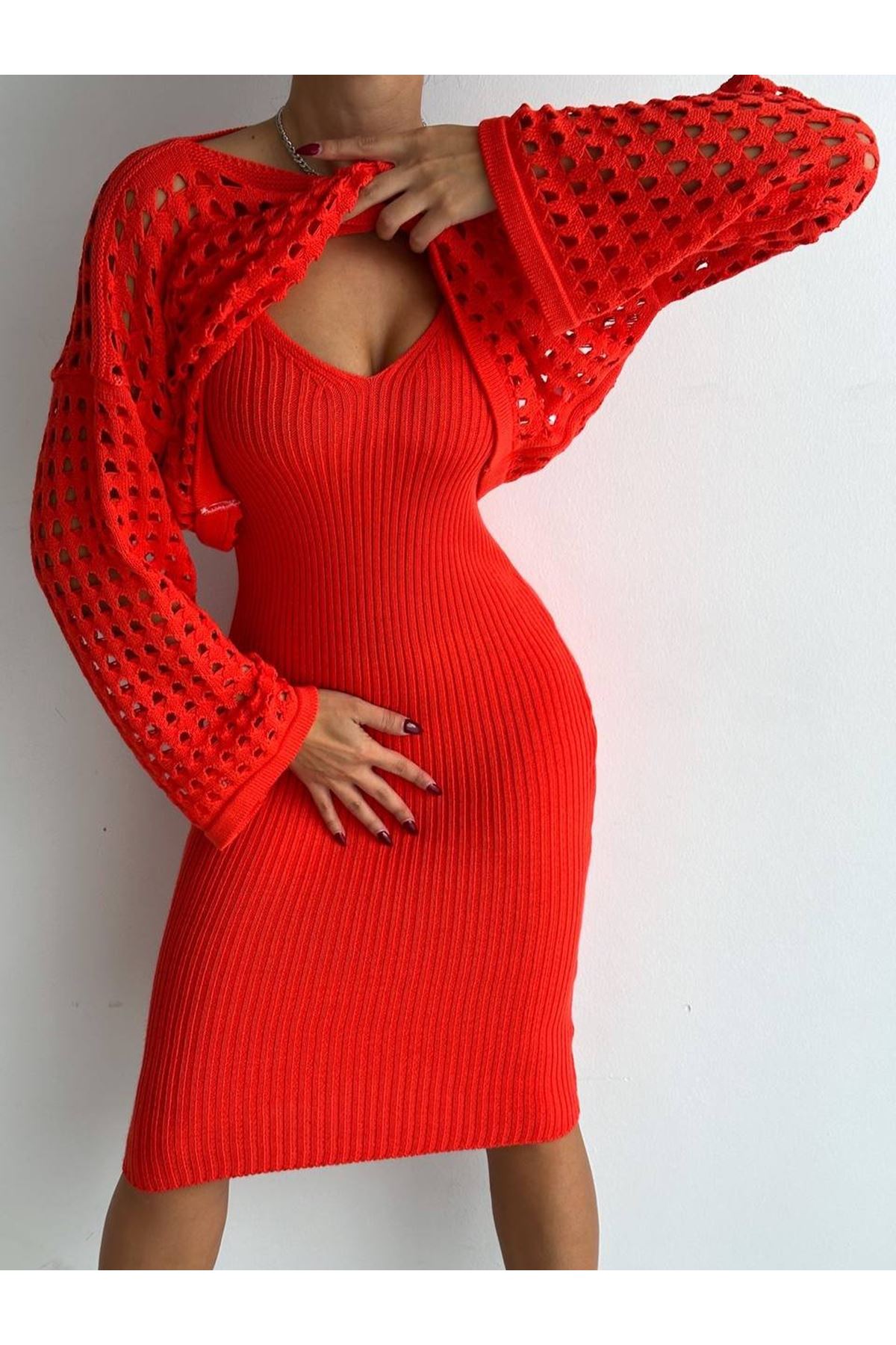 Kadın Delikli Kazak Askılı Elbise Triko Kumaş Ikili Takım