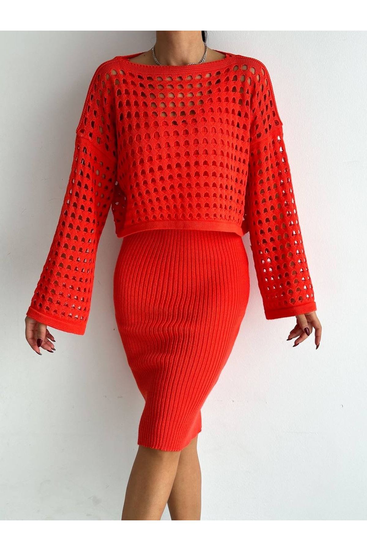 Kadın Delikli Kazak Askılı Elbise Triko Kumaş Ikili Takım