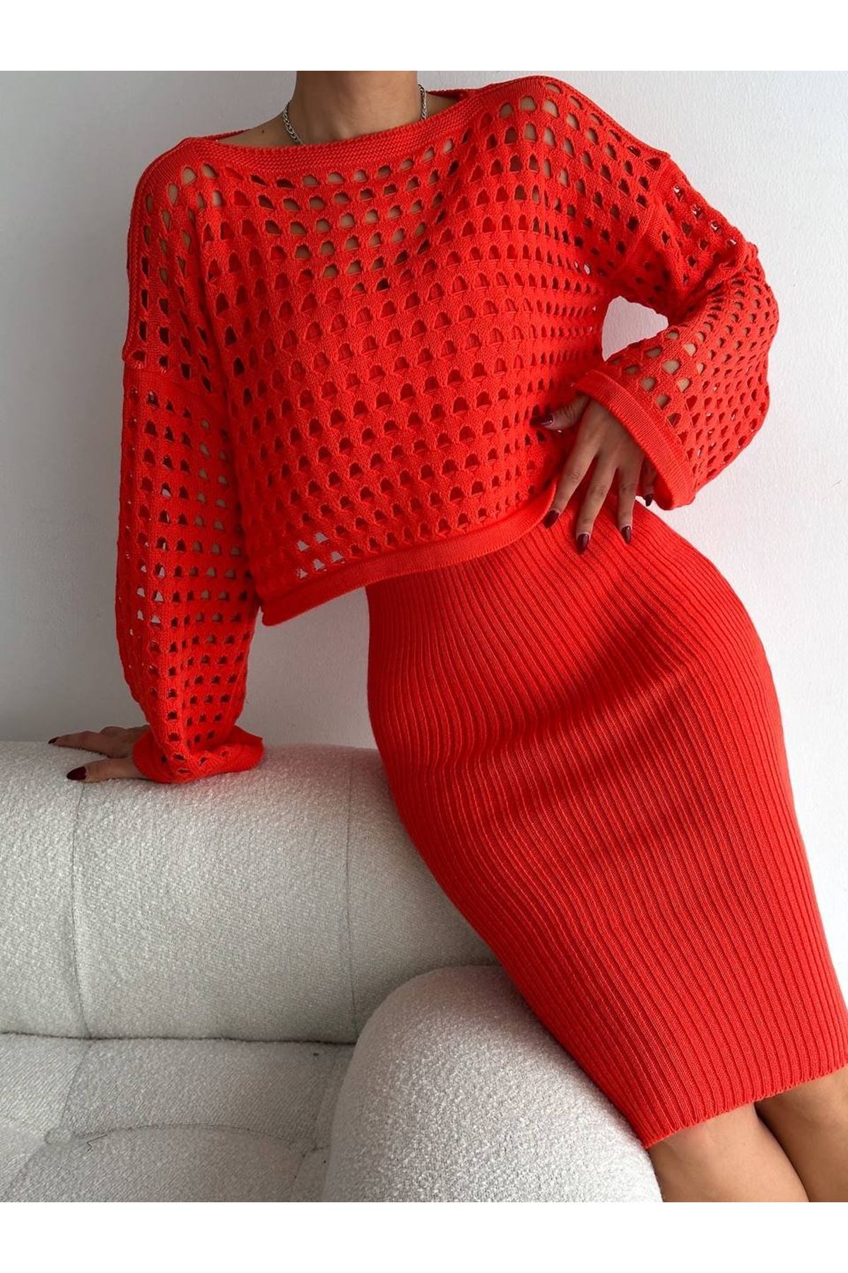 Kadın Delikli Kazak Askılı Elbise Triko Kumaş Ikili Takım