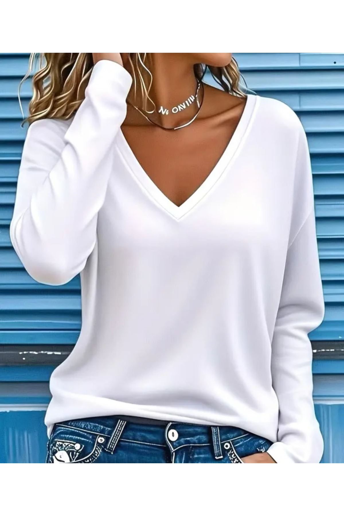 Kadın Uzun Kollu V Yakalı Viskon Iki Iplik Bluz