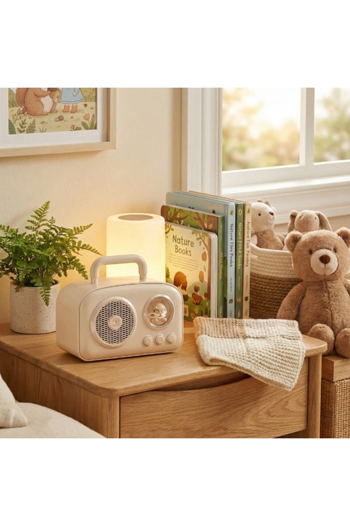 Sevimli Tasarımlı Taşınabilir Radyolu Bluetooth Hoparlör Bej