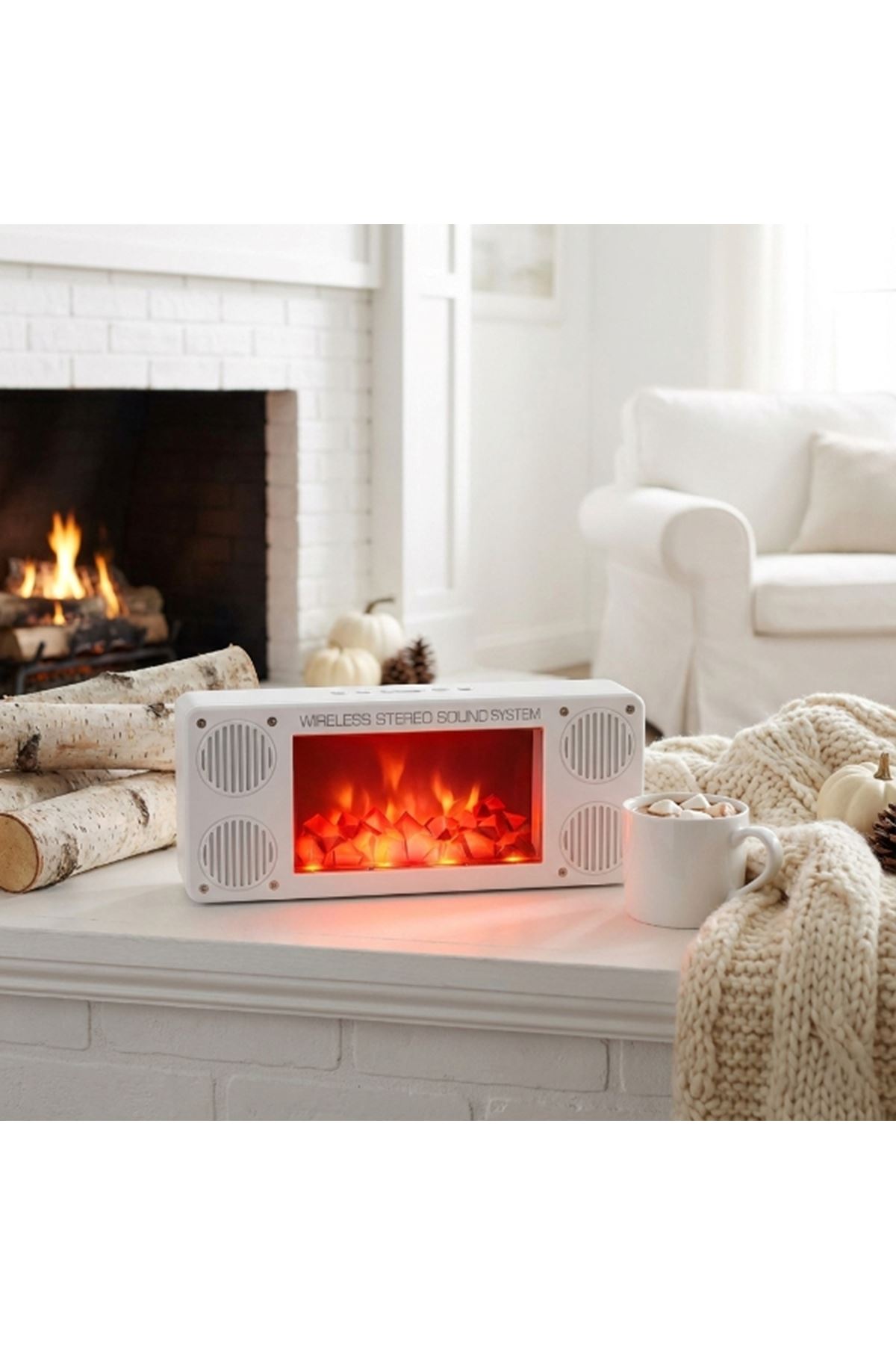 Alev Şömine Efektli Bluetooth Hoparlör Beyaz