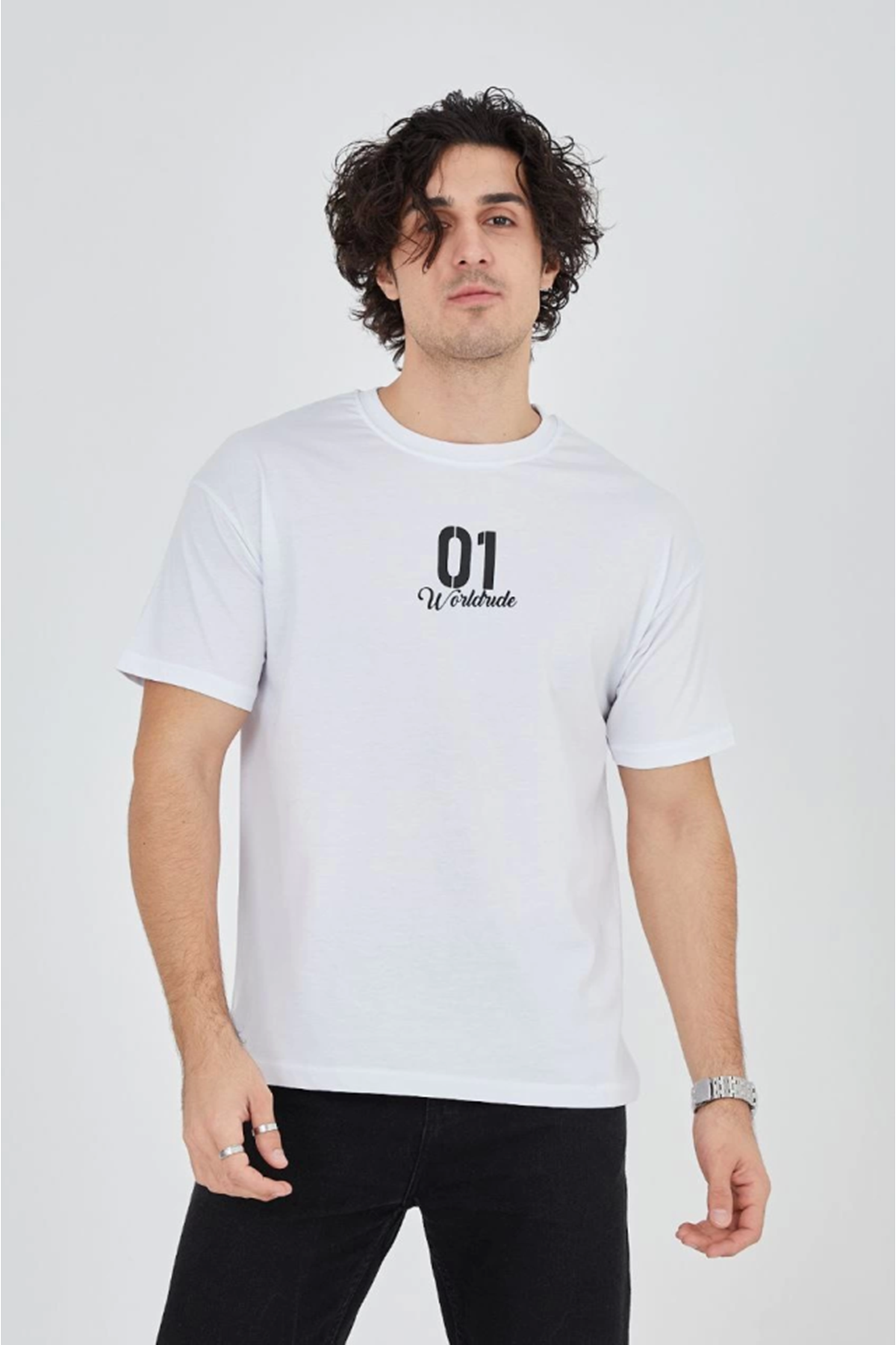 Erkek Bisiklet Yakalı Baskılı T-Shirt - Beyaz