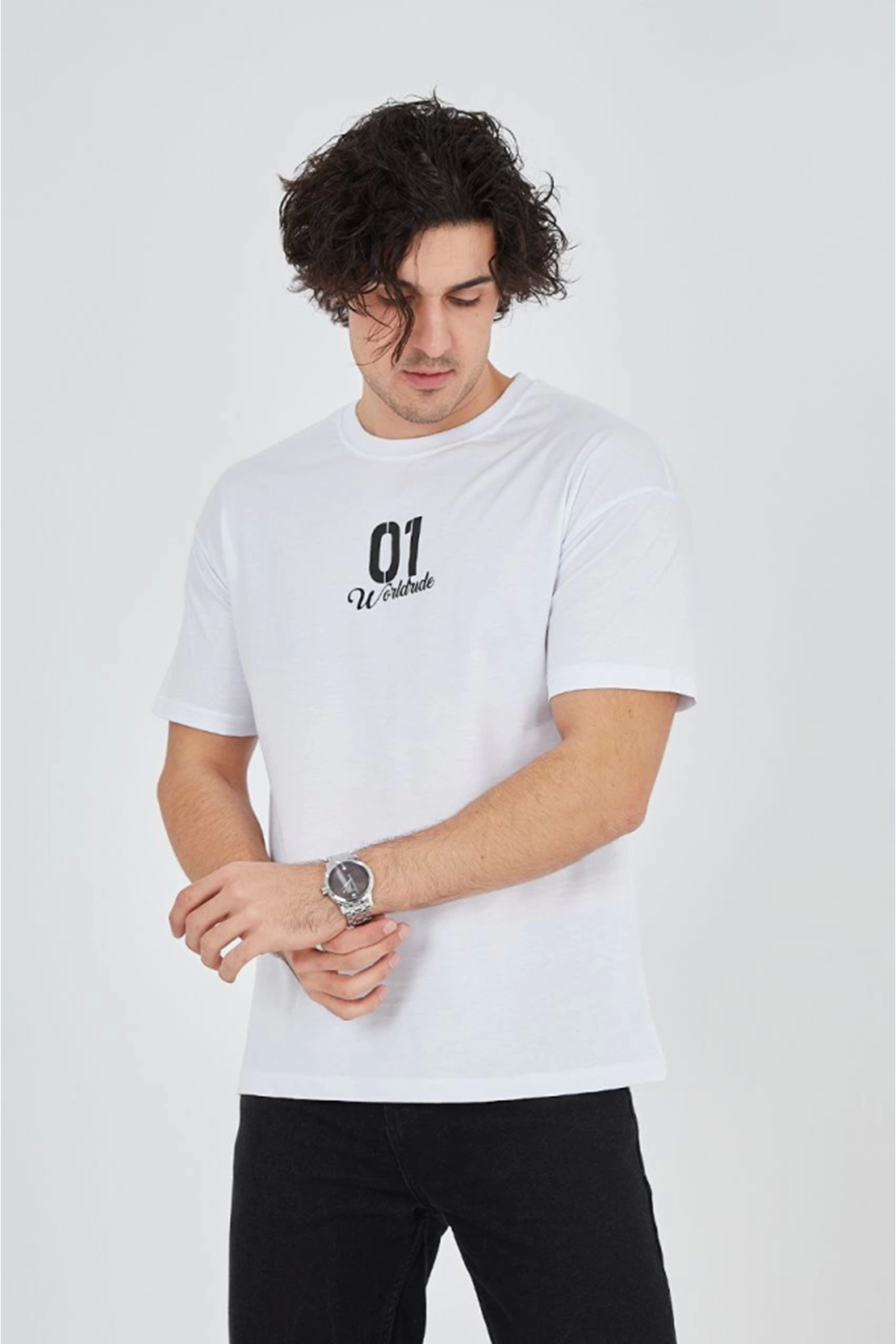 Erkek Bisiklet Yakalı Baskılı T-Shirt - Beyaz