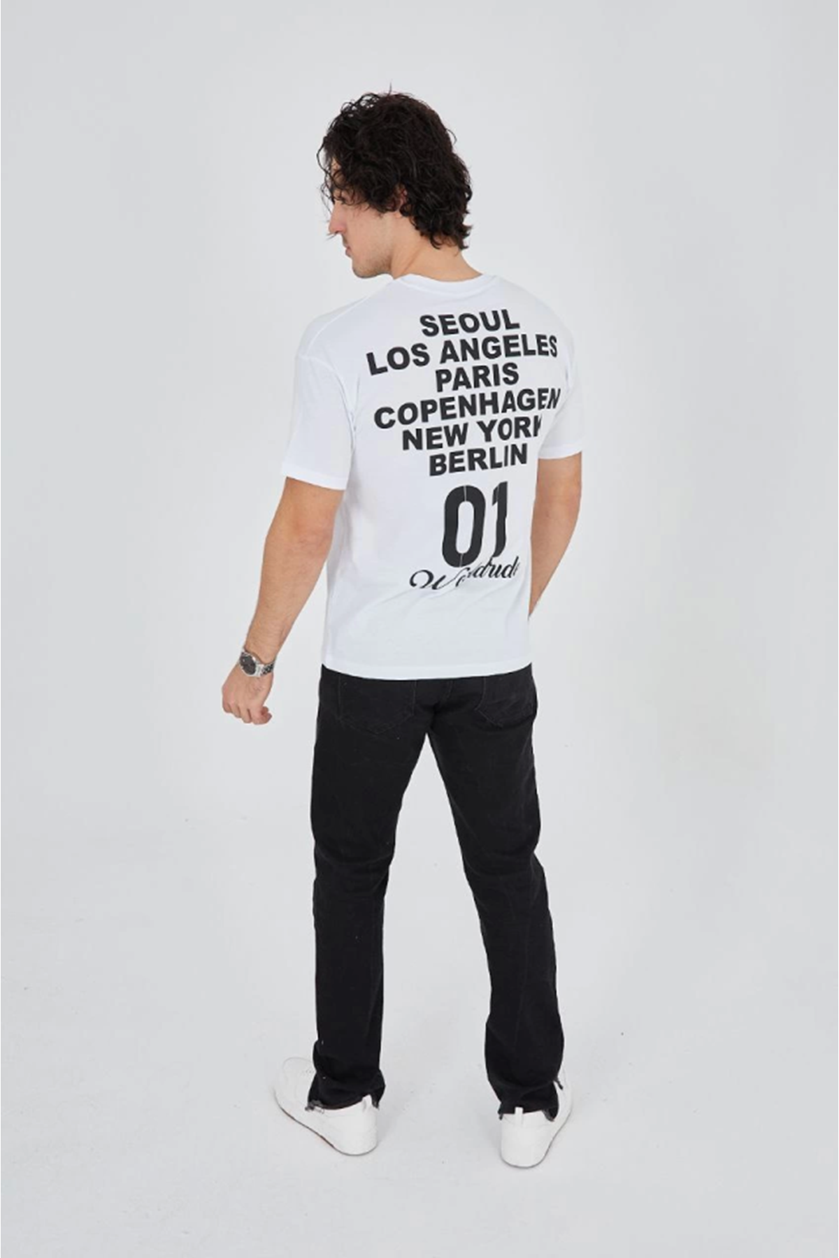 Erkek Bisiklet Yakalı Baskılı T-Shirt - Beyaz