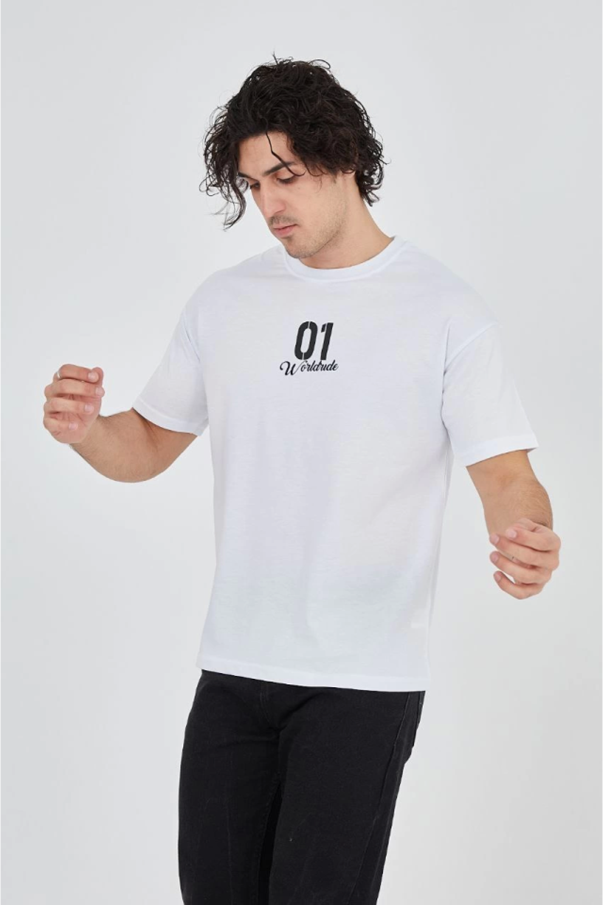 Erkek Bisiklet Yakalı Baskılı T-Shirt - Beyaz