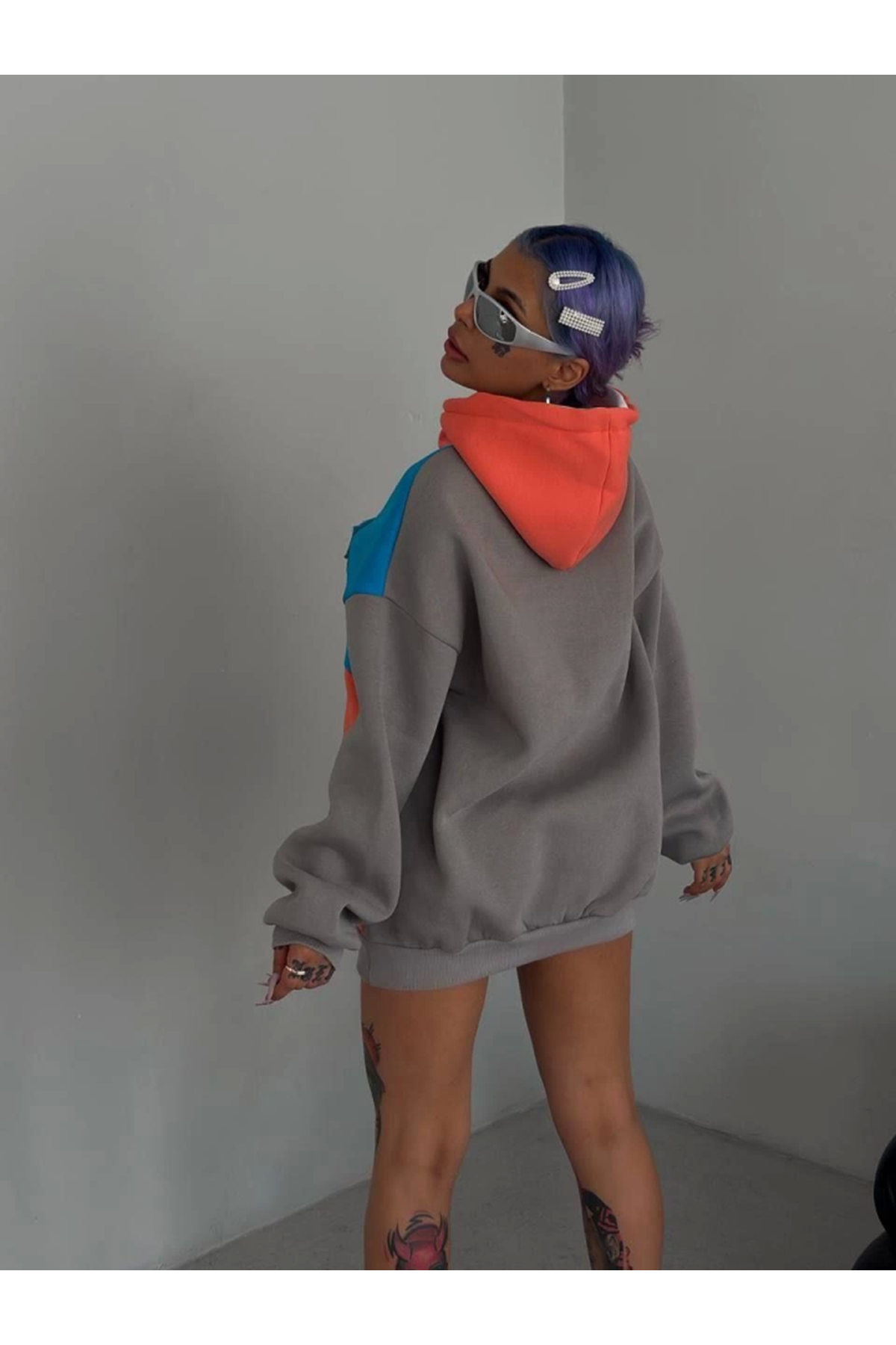 W Nakış İşlemeli Kapüşonlu Sweatshirt - Mavi