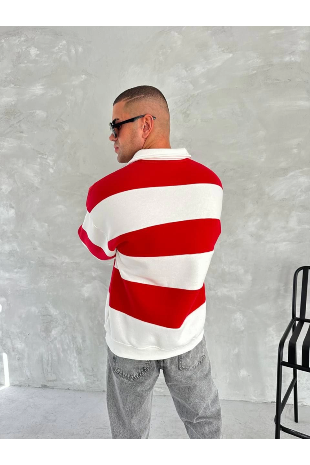 Unisex Üç İplik Parçalı Yakalı SweatShirt - Kırmızı