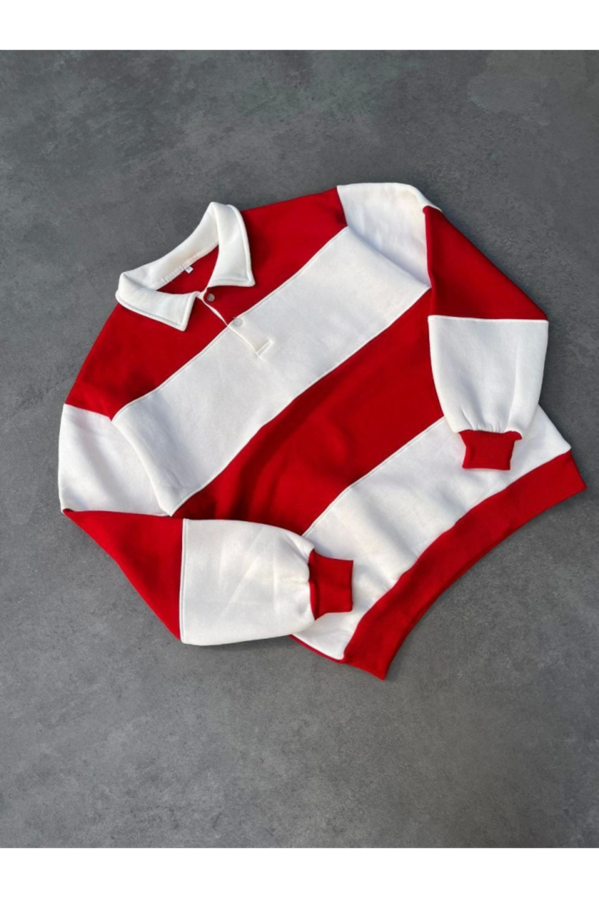 Unisex Üç İplik Parçalı Yakalı SweatShirt - Kırmızı