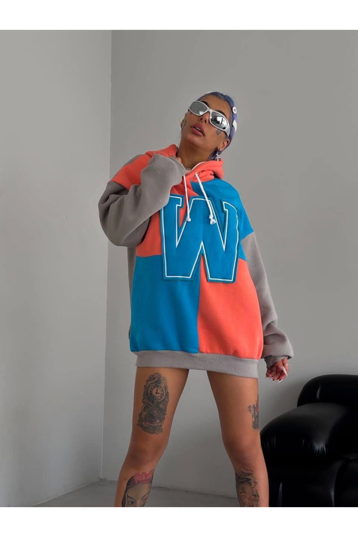 W Nakış İşlemeli Kapüşonlu Sweatshirt - Mavi