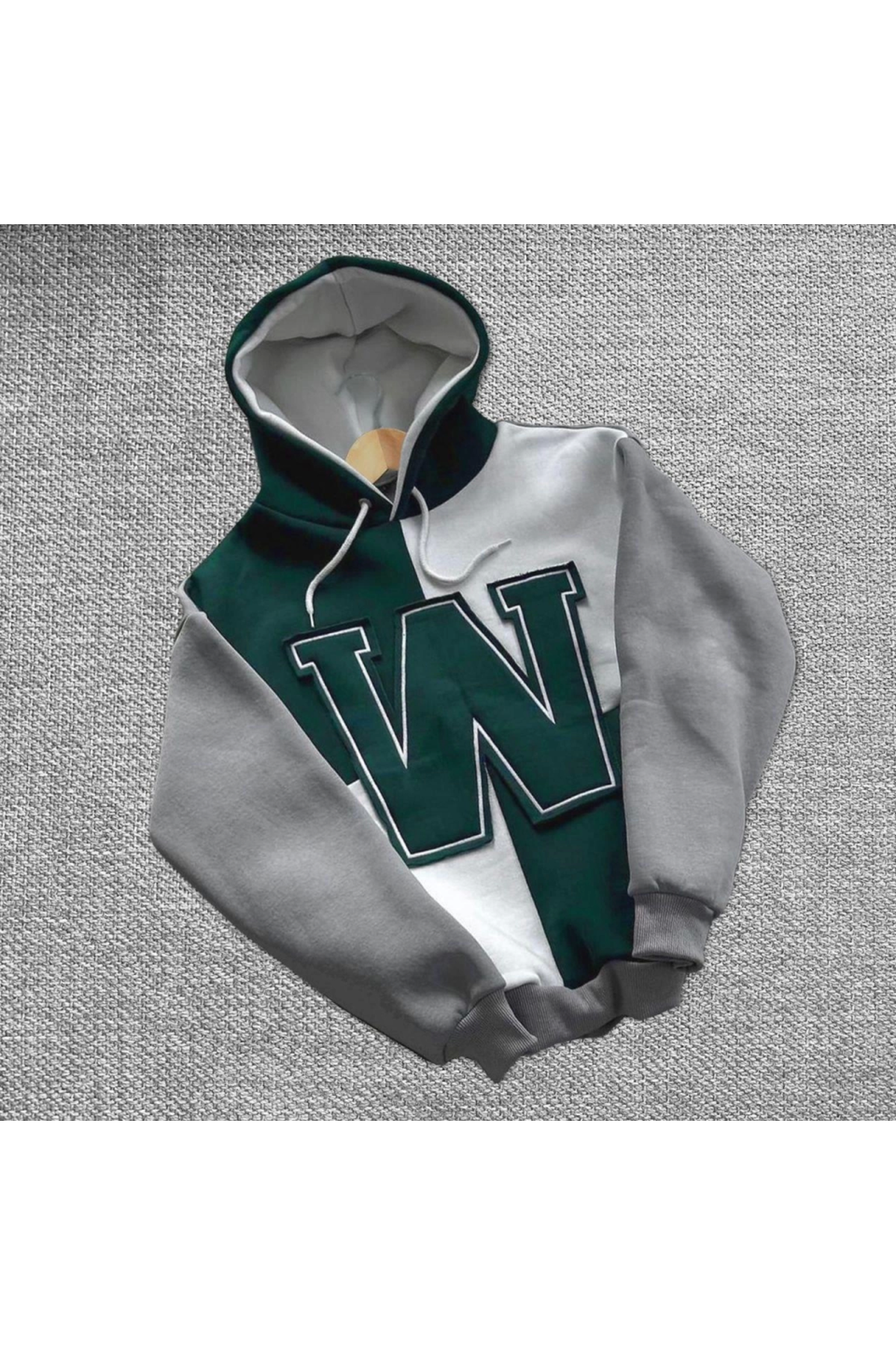 W Nakış İşlemeli Kapüşonlu Sweatshirt - Yeşil