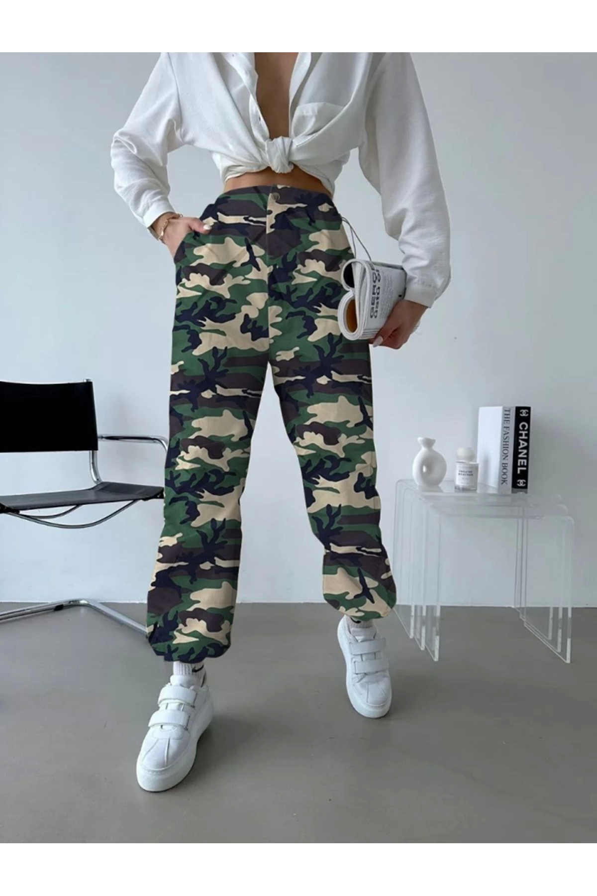 Unisex Ceplı Paraşut Kamuflaj Pantolon - Askeri