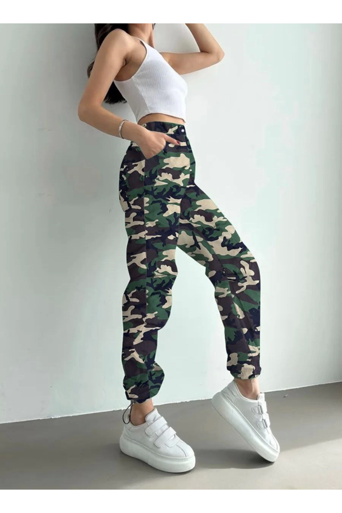 Unisex Ceplı Paraşut Kamuflaj Pantolon - Askeri