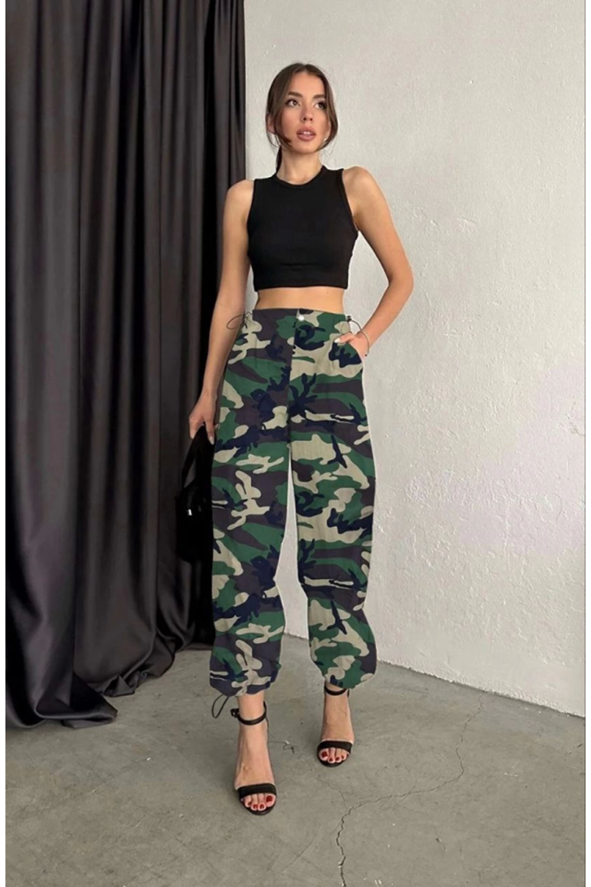 Unisex Ceplı Paraşut Kamuflaj Pantolon - Askeri