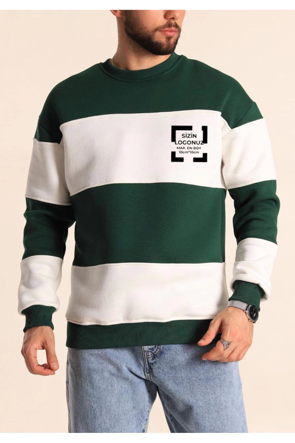 Bisiklet Yaka Parçalı Özel Üretim Sweatshirt- Yeşil