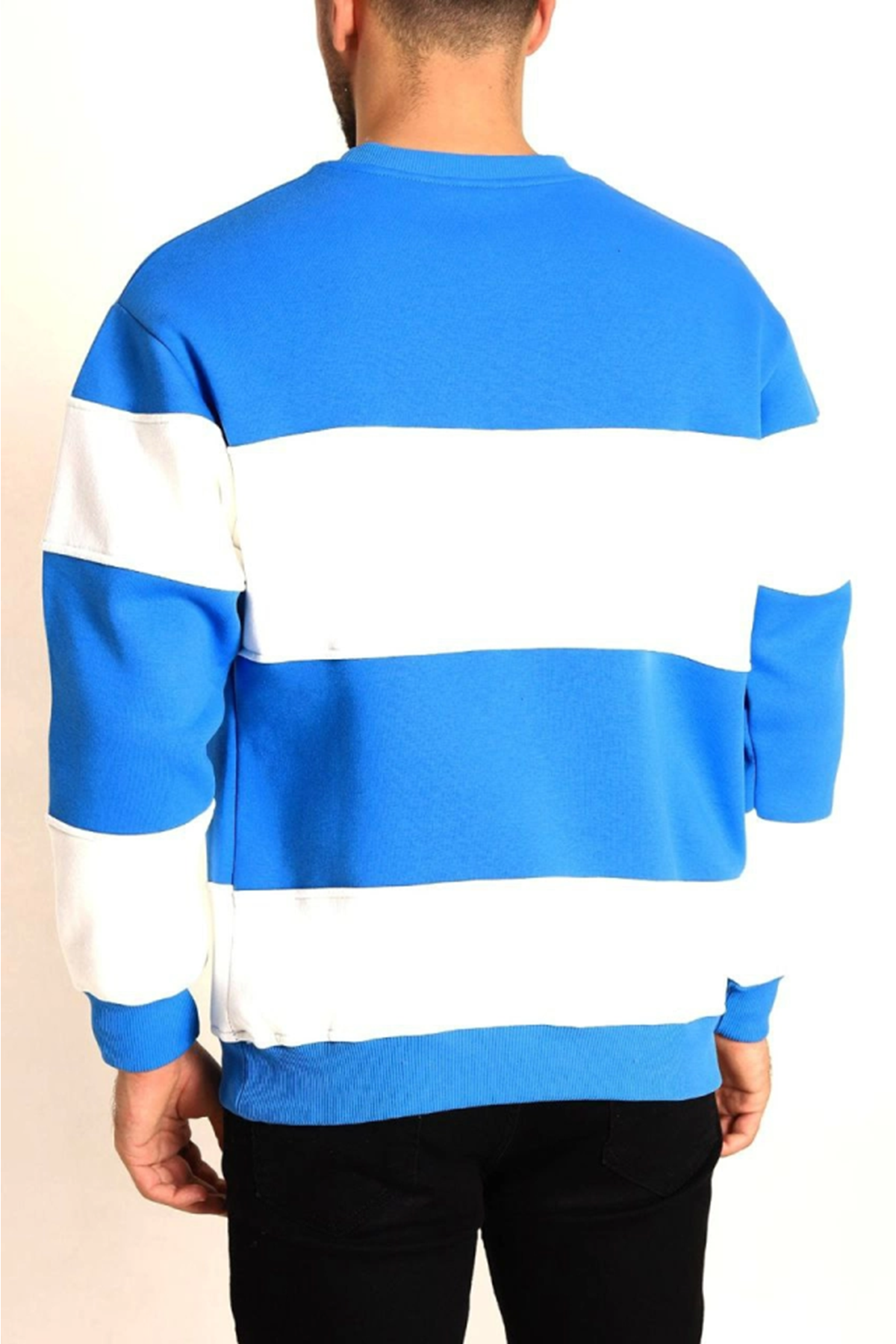 Parçalı Bisiklet Yaka Baskılı SweatShirt - Mavi