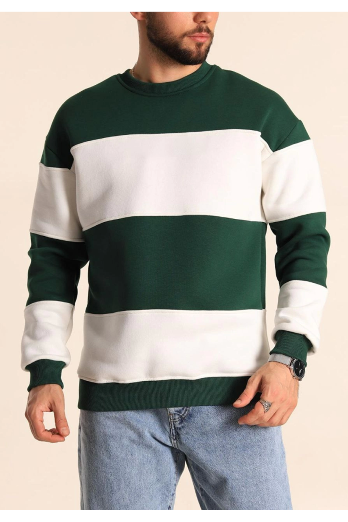 Parçalı Bisiklet Yaka Baskılı SweatShirt - Yeşil