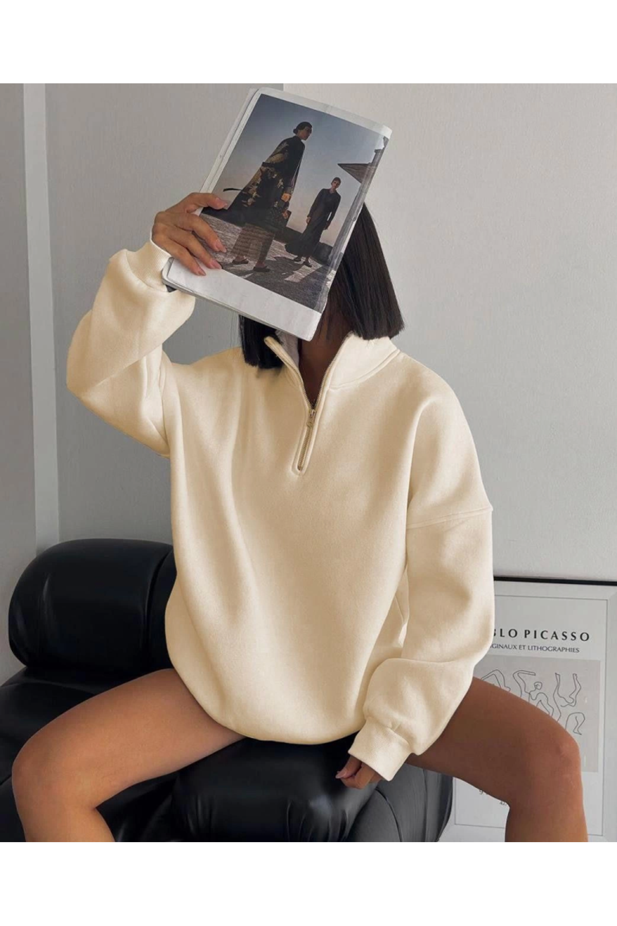 Yarım Fermuarlı Üç İplik Sweatshirt - Bej