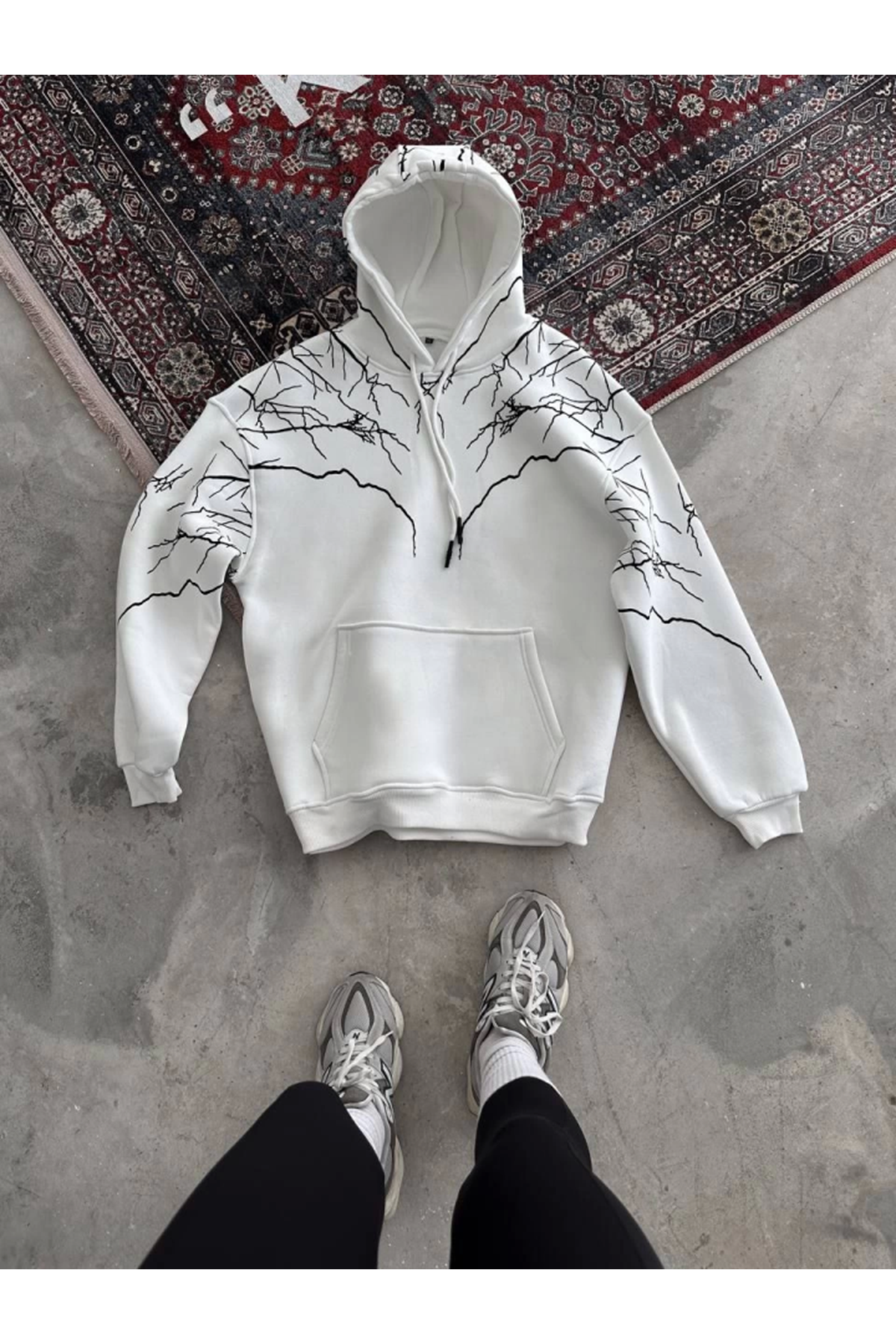 Yıldırım Baskılı Kapşonlu SweatShirt - Beyaz