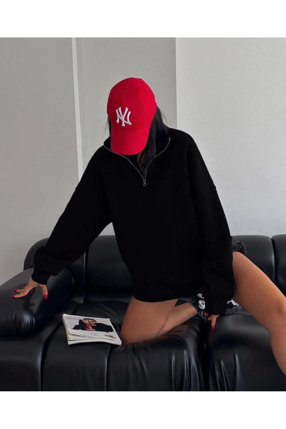 Yarım Fermuarlı Üç İplik Sweatshirt - Siyah