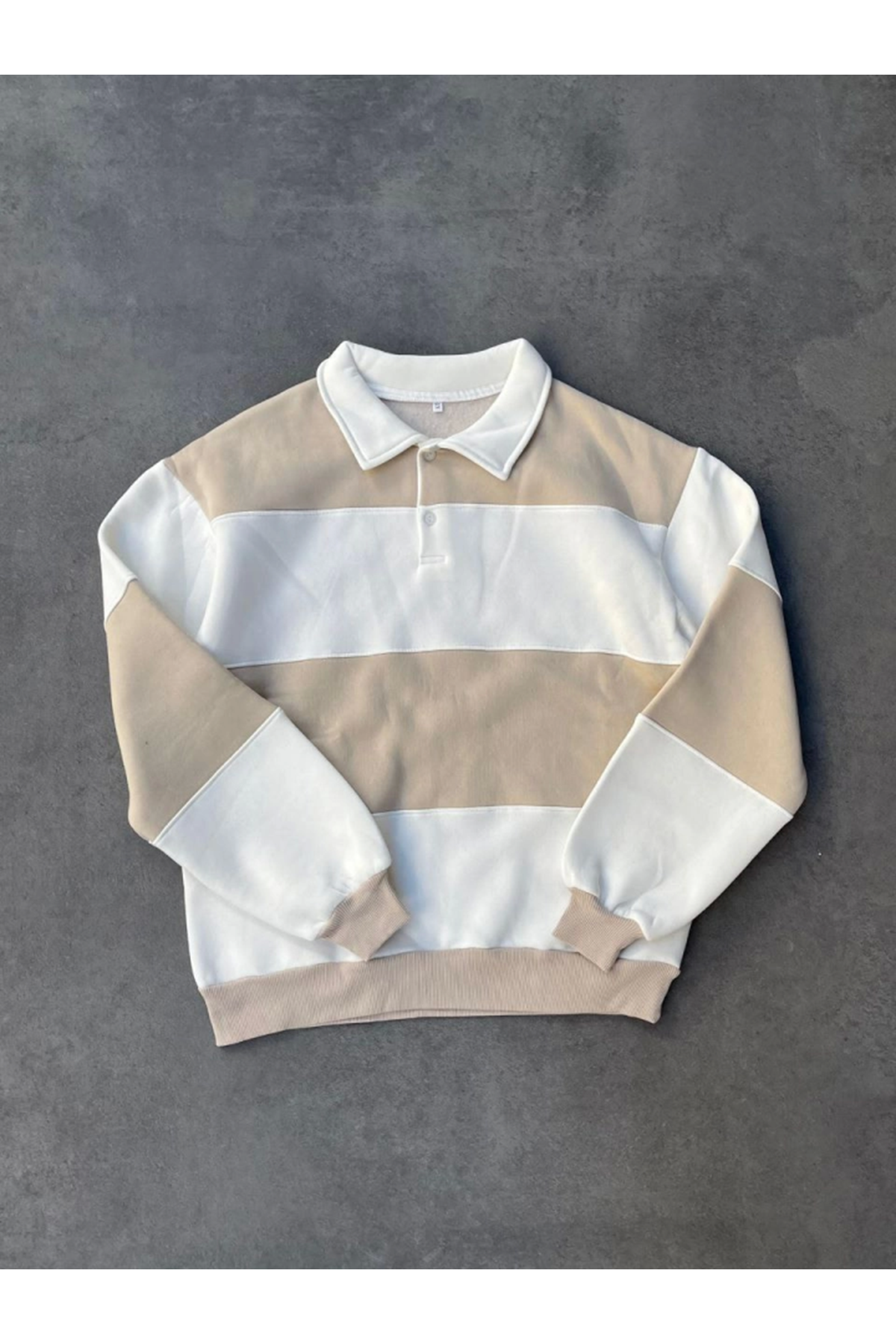 Unisex Üç İplik Parçalı Yakalı SweatShirt - Bej