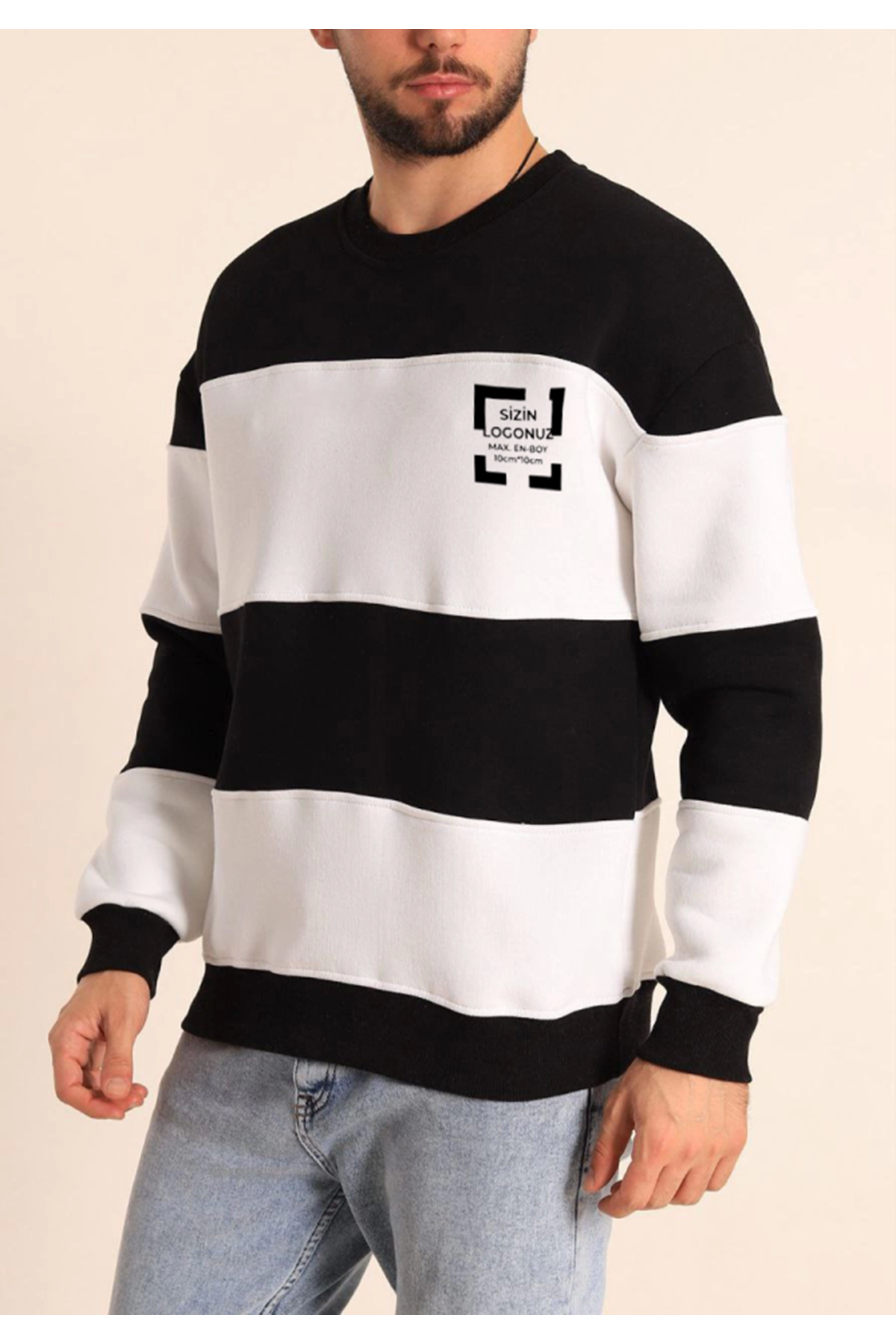 Bisiklet Yaka Parçalı Özel Üretim Sweatshirt- Siyah