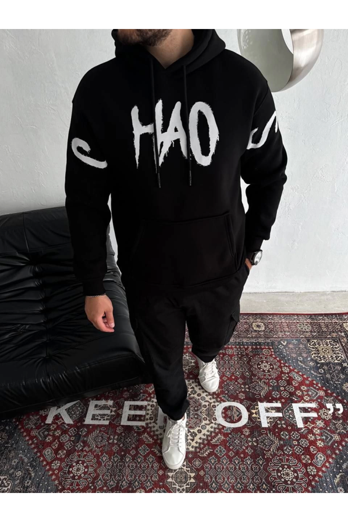 Oversize Kapşonlu Baskılı SweatShirt - Siyah