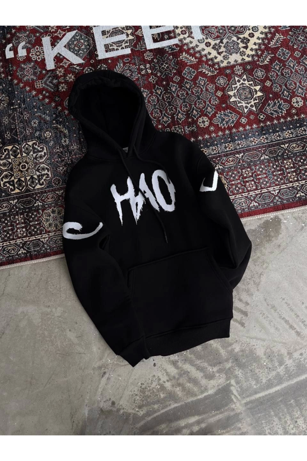 Oversize Kapşonlu Baskılı SweatShirt - Siyah