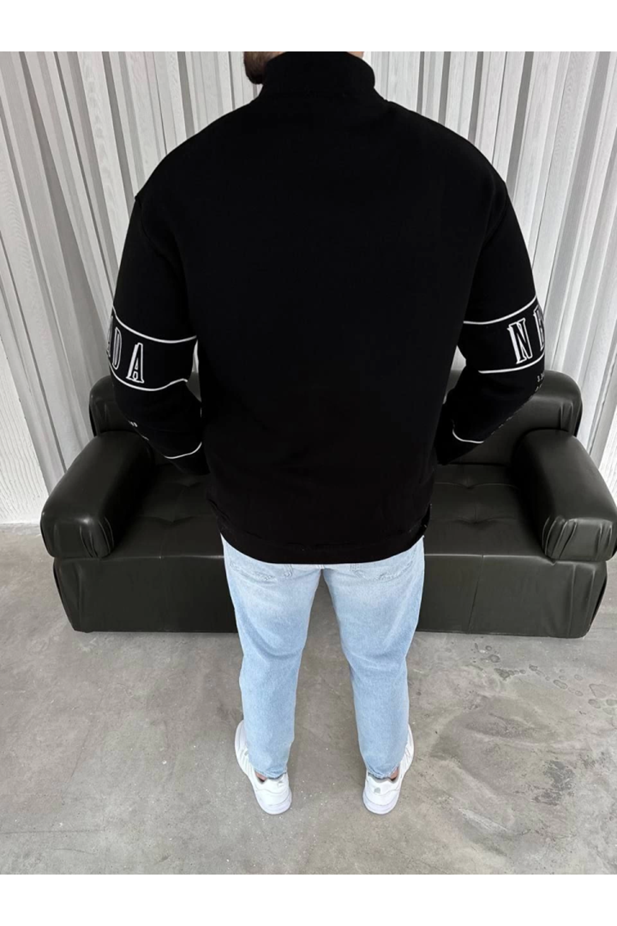 Erkek Yarım Fermuarlı Oversize Baskılı SweatShirt - Siyah