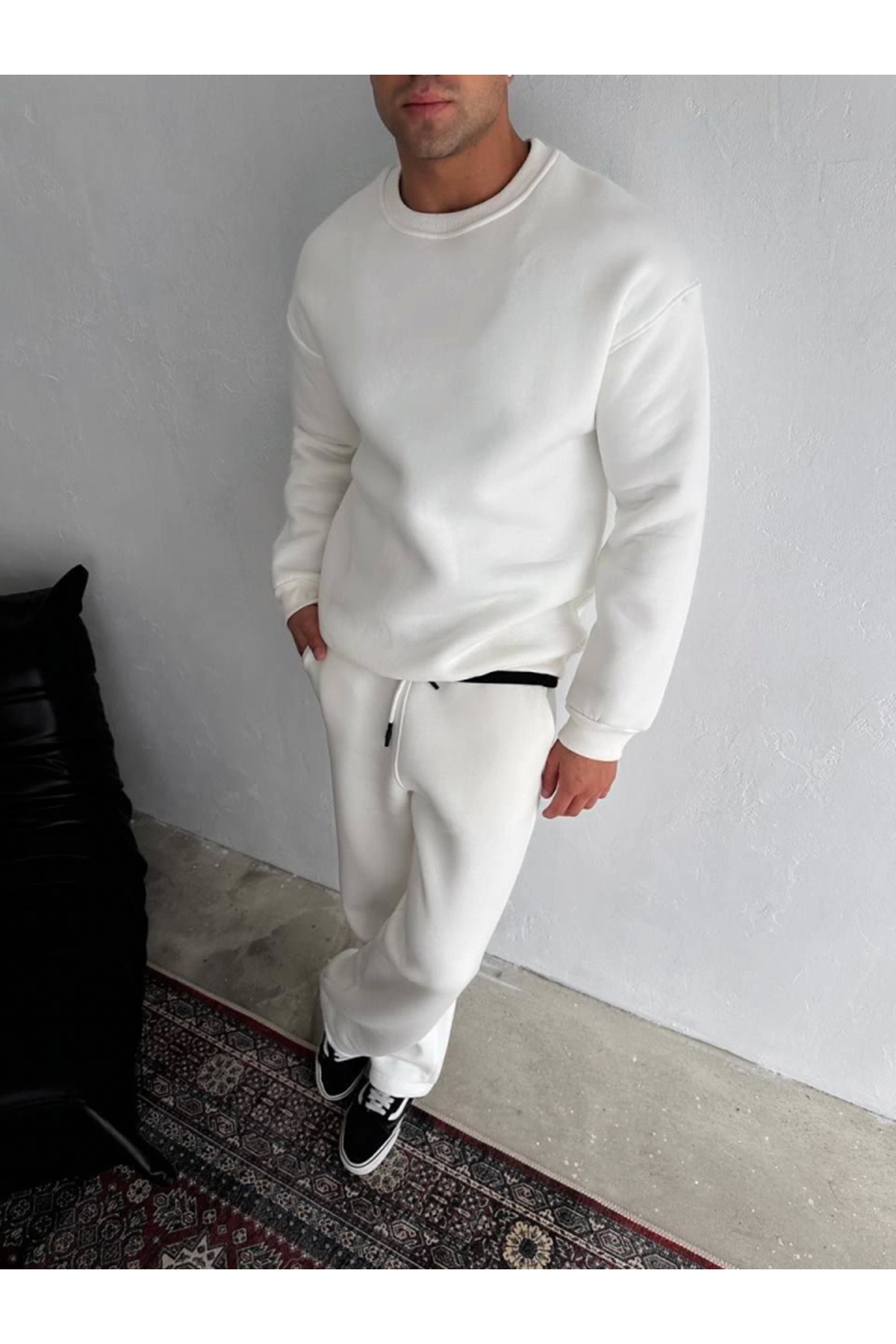 Kışlık Bisiklet Yaka Basic Eşofman Takım - Beyaz