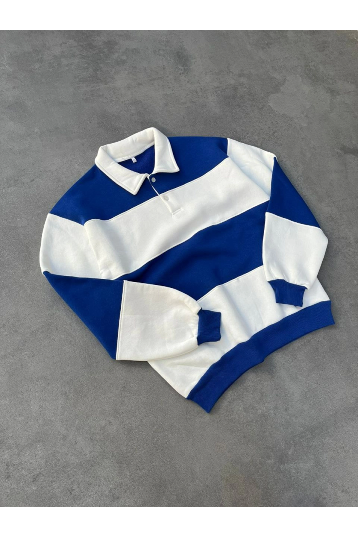 Unisex Üç İplik Parçalı Yakalı SweatShirt - Mavi