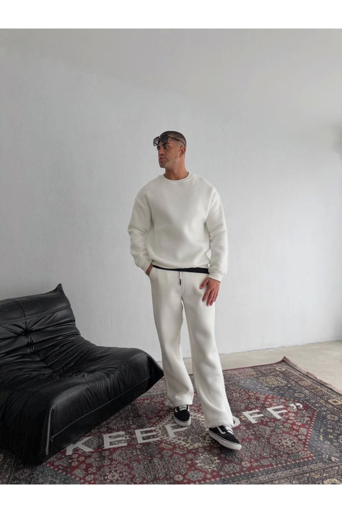 Kışlık Bisiklet Yaka Basic Eşofman Takım - Beyaz