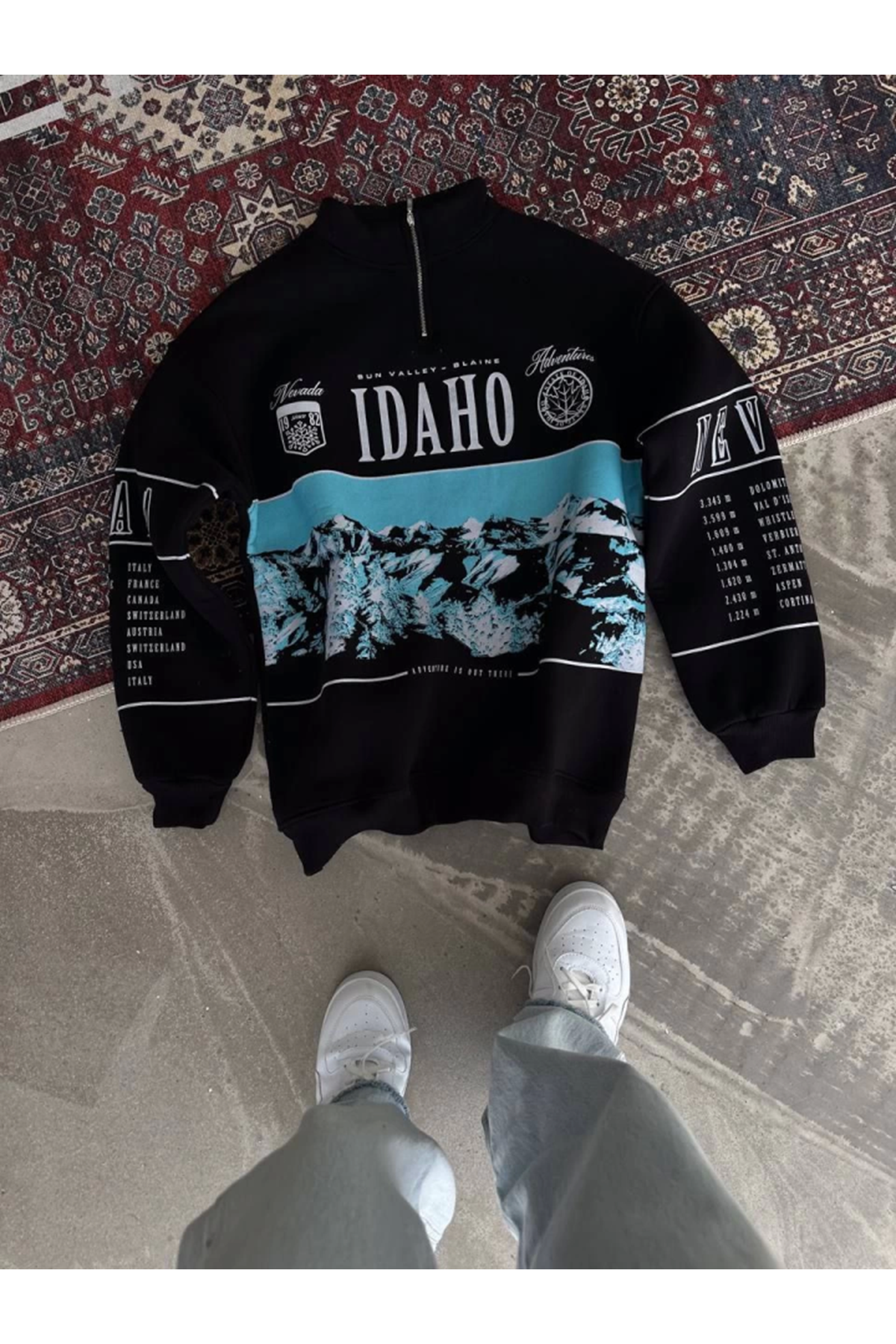 Erkek Yarım Fermuarlı Oversize Baskılı SweatShirt - Siyah