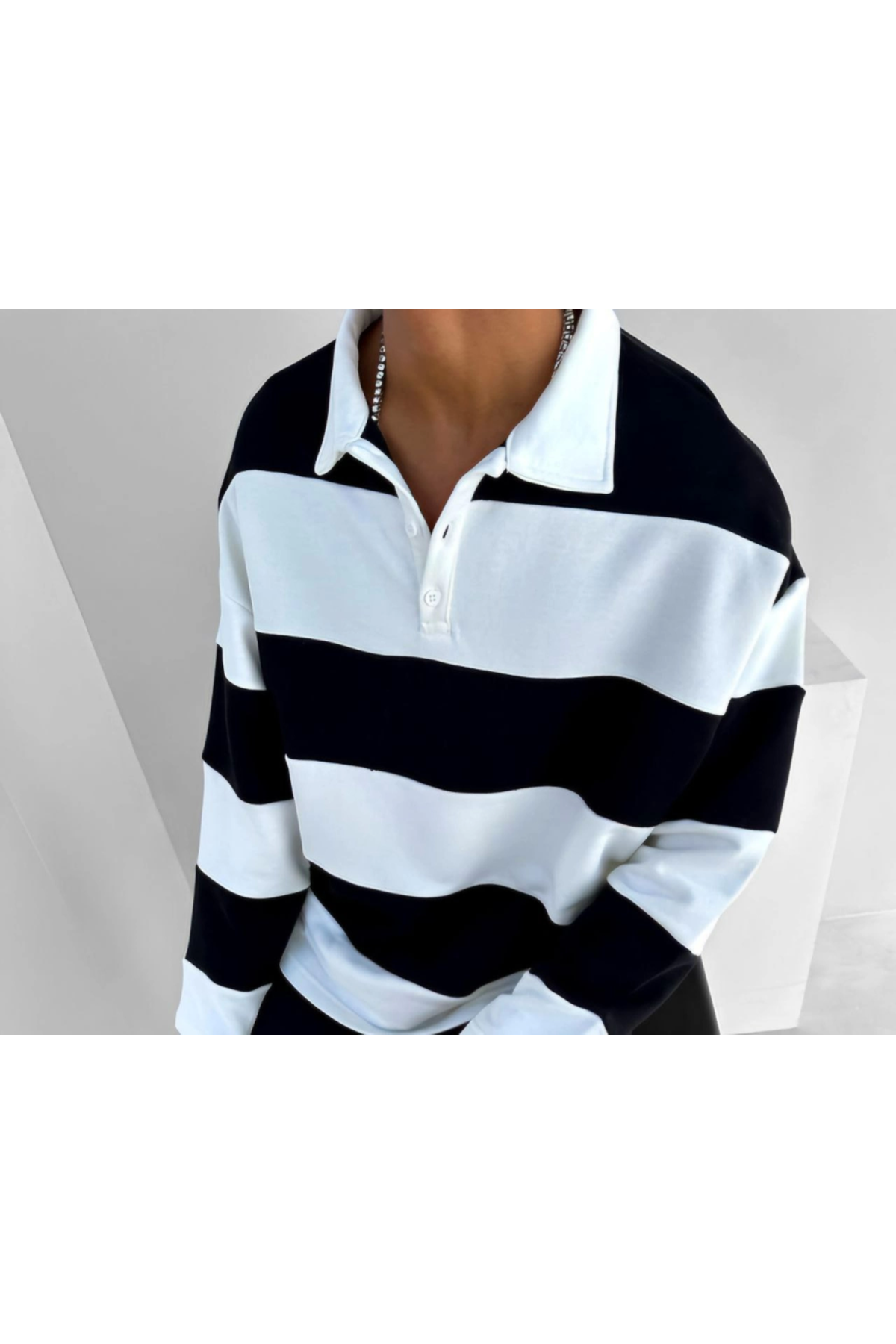 Unisex Üç İplik Parçalı Yakalı SweatShirt - Siyah