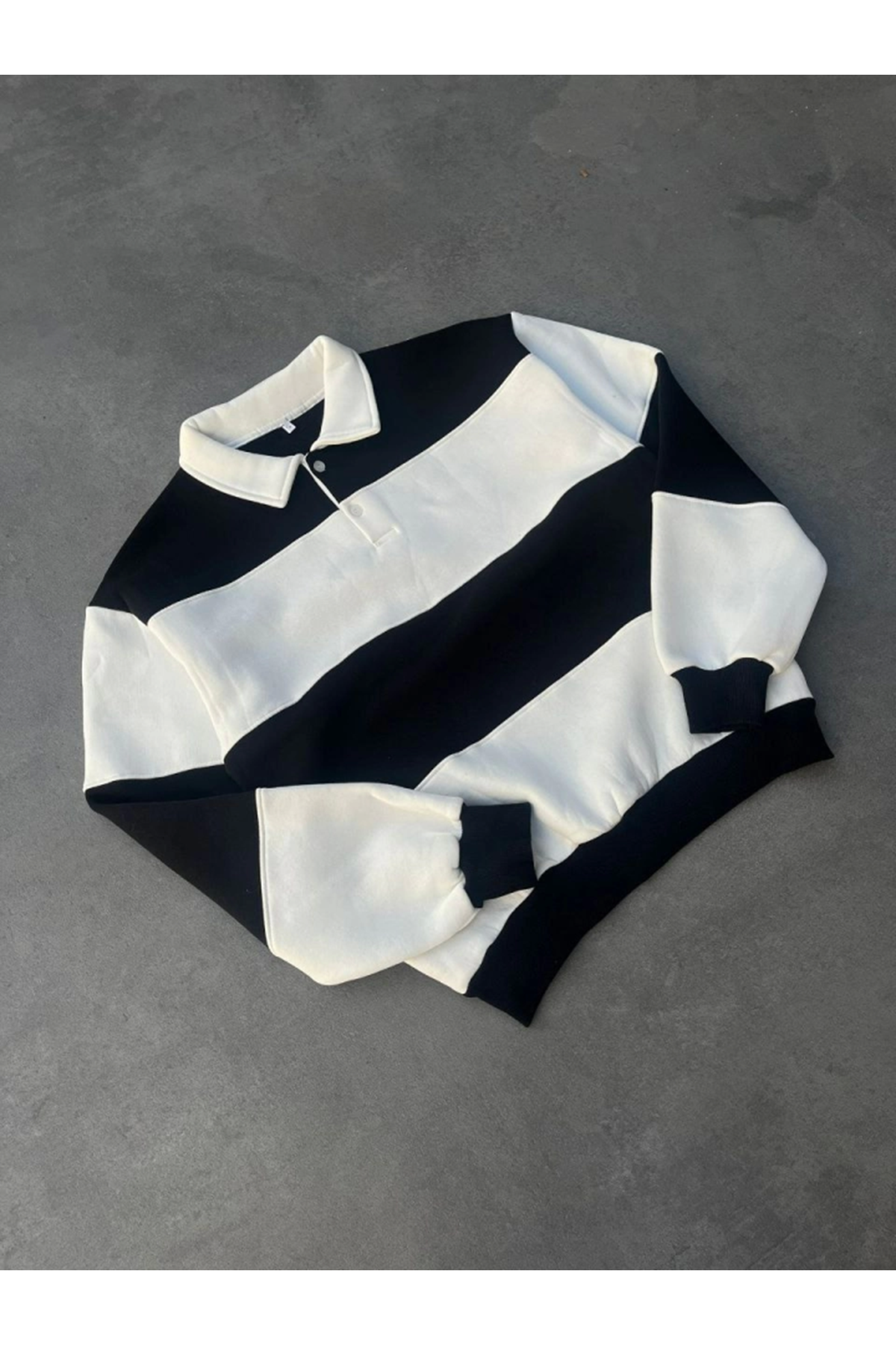 Unisex Üç İplik Parçalı Yakalı SweatShirt - Siyah